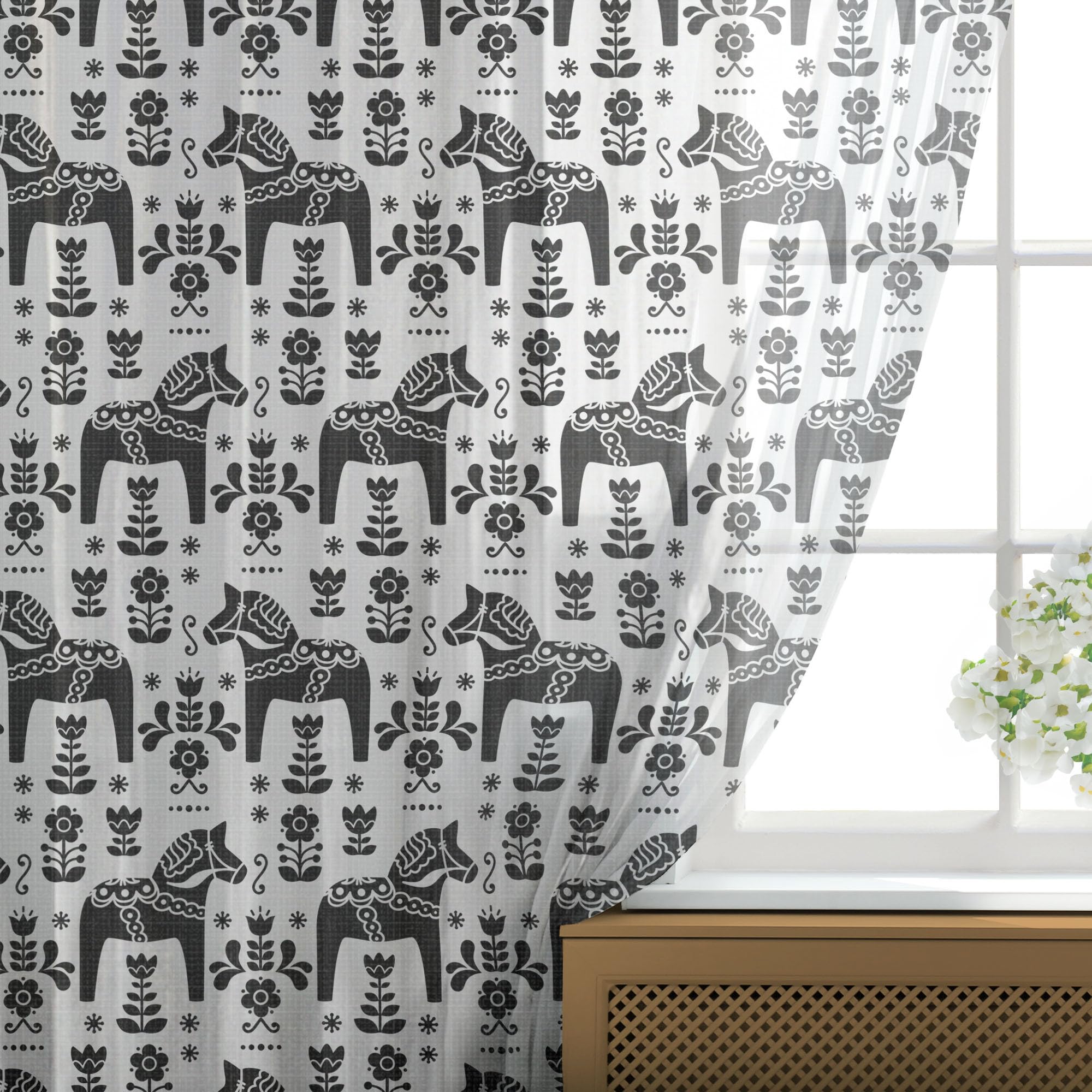 Ambesonne Nordic Tulle Curtains with Rod Pocket - Swedish Folk Art Black & White Sheer Drapes (108