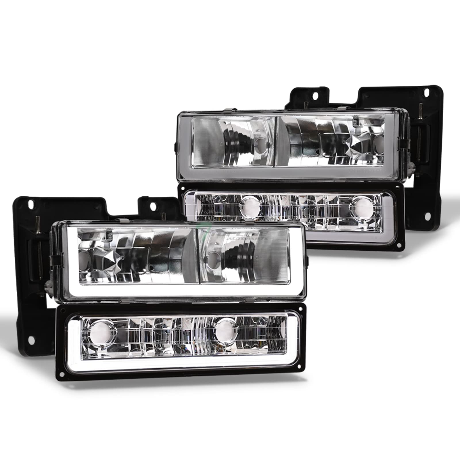 1988-2000 Chevy GMC C10 C/K Pickup Suburban Silverado Sierra Tahoe Yukon LED DRL Strip Bar Chrome Headlights with Turn Signal Bumper Lights - Upgrade for Night Driving & Off-Road Adventures