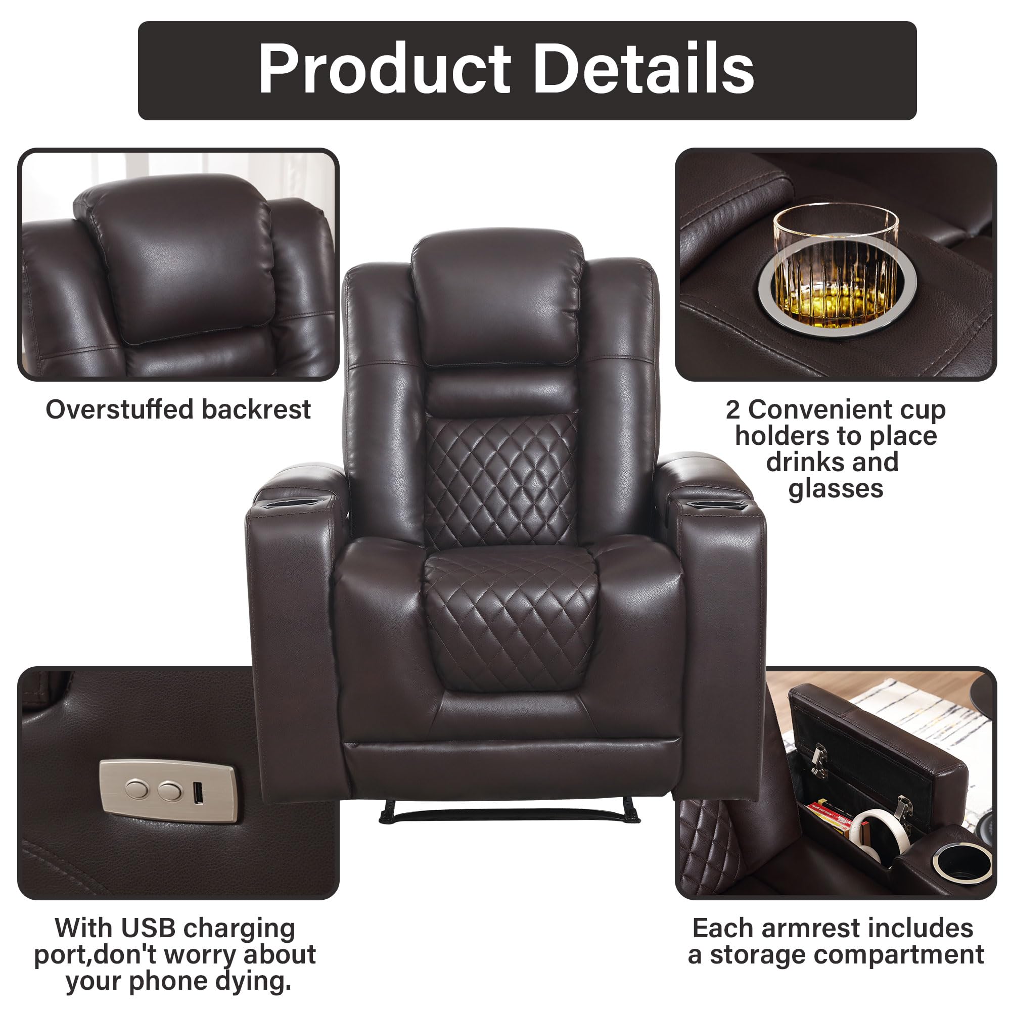 Electric Power Recliner Chair with USB Ports & Cup Holders - PU Leather Massage Sofa with Hidden Storage | Home Theater Seating, Living Room Furniture for Relaxation & Entertainment