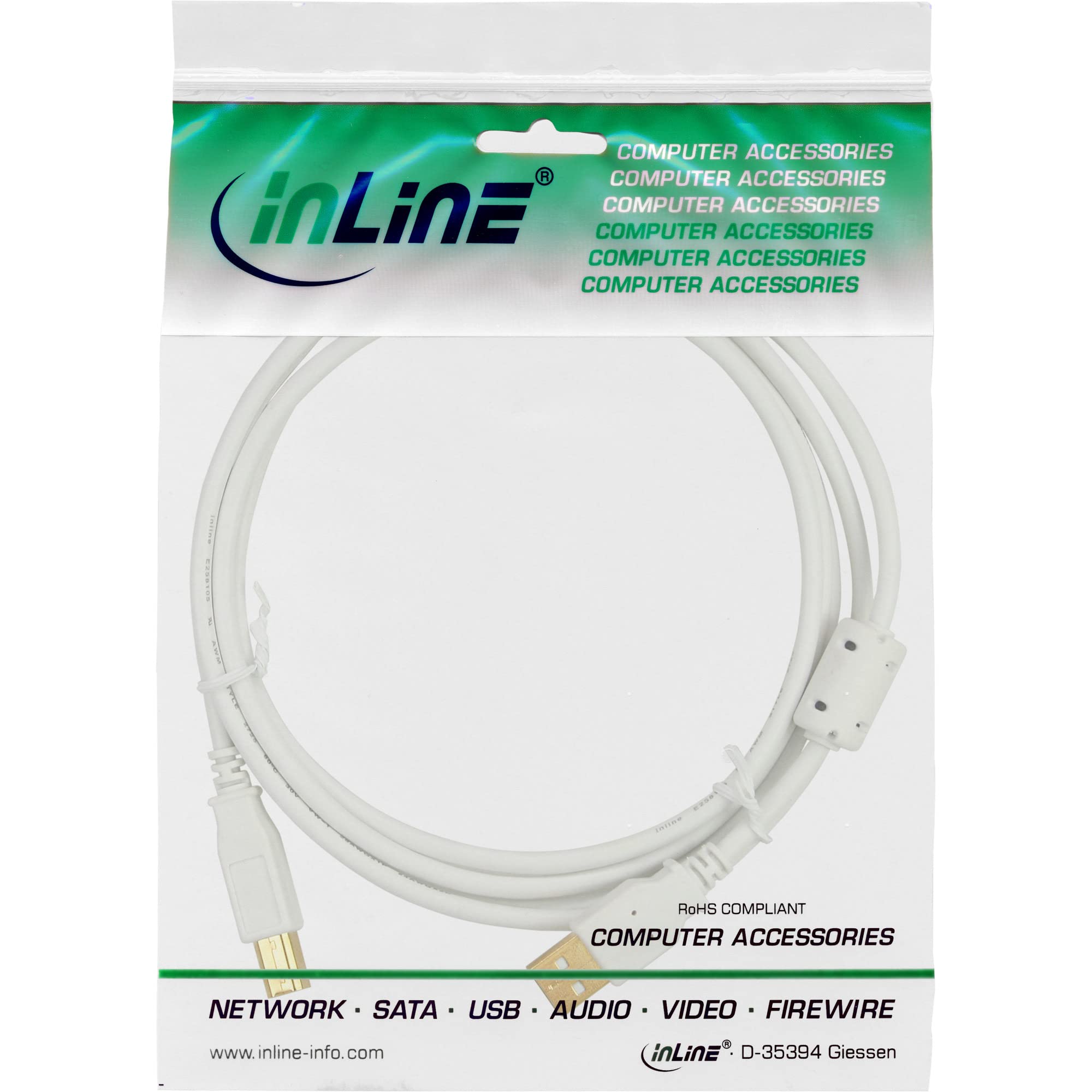 InLine 34518 W USB 2.0 Cable - 2m A to B Male/Male Gold-Plated Connectors (White) - Perfect for Printers, Scanners & External Hard Drives