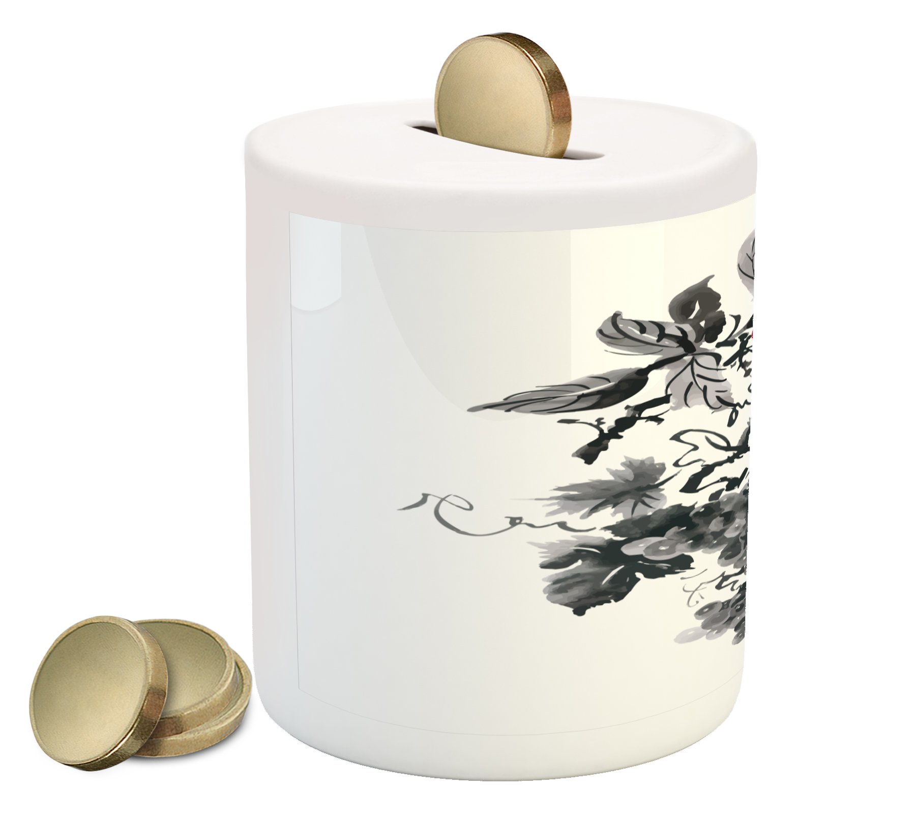Ambesonne Ceramic Piggy Bank with Rowan Berry & Foliage Design - Money Saving Coin Bank for Kids & Adults - Perfect for Home Decor, Gift Giving & Financial Education (Grey Ruby Black)