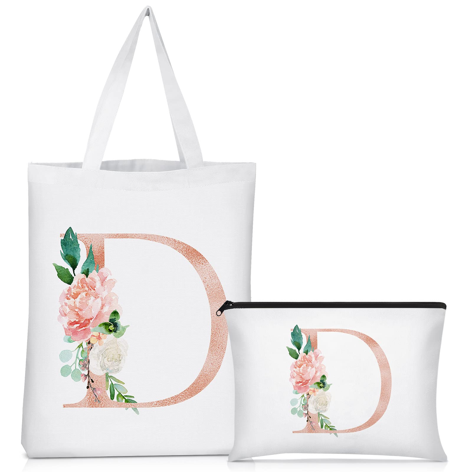 Personalized Floral Monogram Canvas Tote Bags for Women - 2 Pack Initial Cosmetic & Travel Bags - Wedding, Bridal Shower, Beach Day & Shopping Essentials