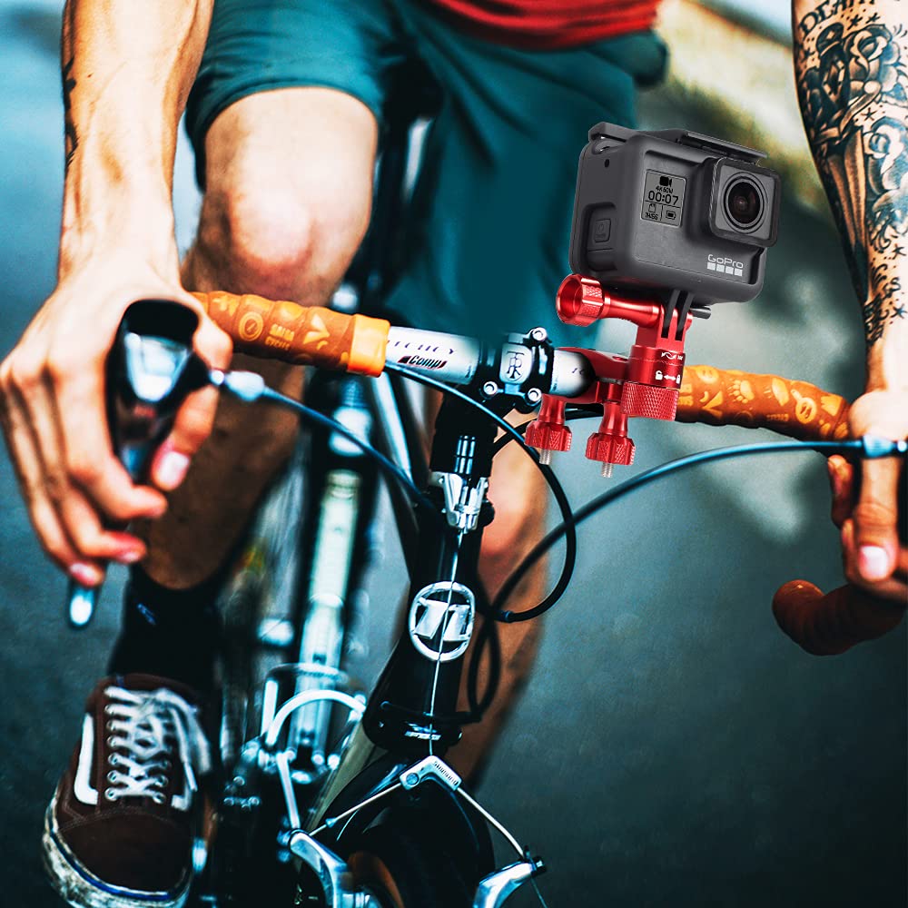 HSU 0.6-1.3 Inch Universal All-Aluminum Bike & Motorcycle Handlebar Mount with 360° Rotating Seat Post - Compatible with GoPro Hero 13/12/11/10/9/8/7/6/5, DJI Osmo Action, AKASO & Most Action Cameras (Red) - Perfect for Cycling, Motorcycling, Skiing & Outdoor Adventures