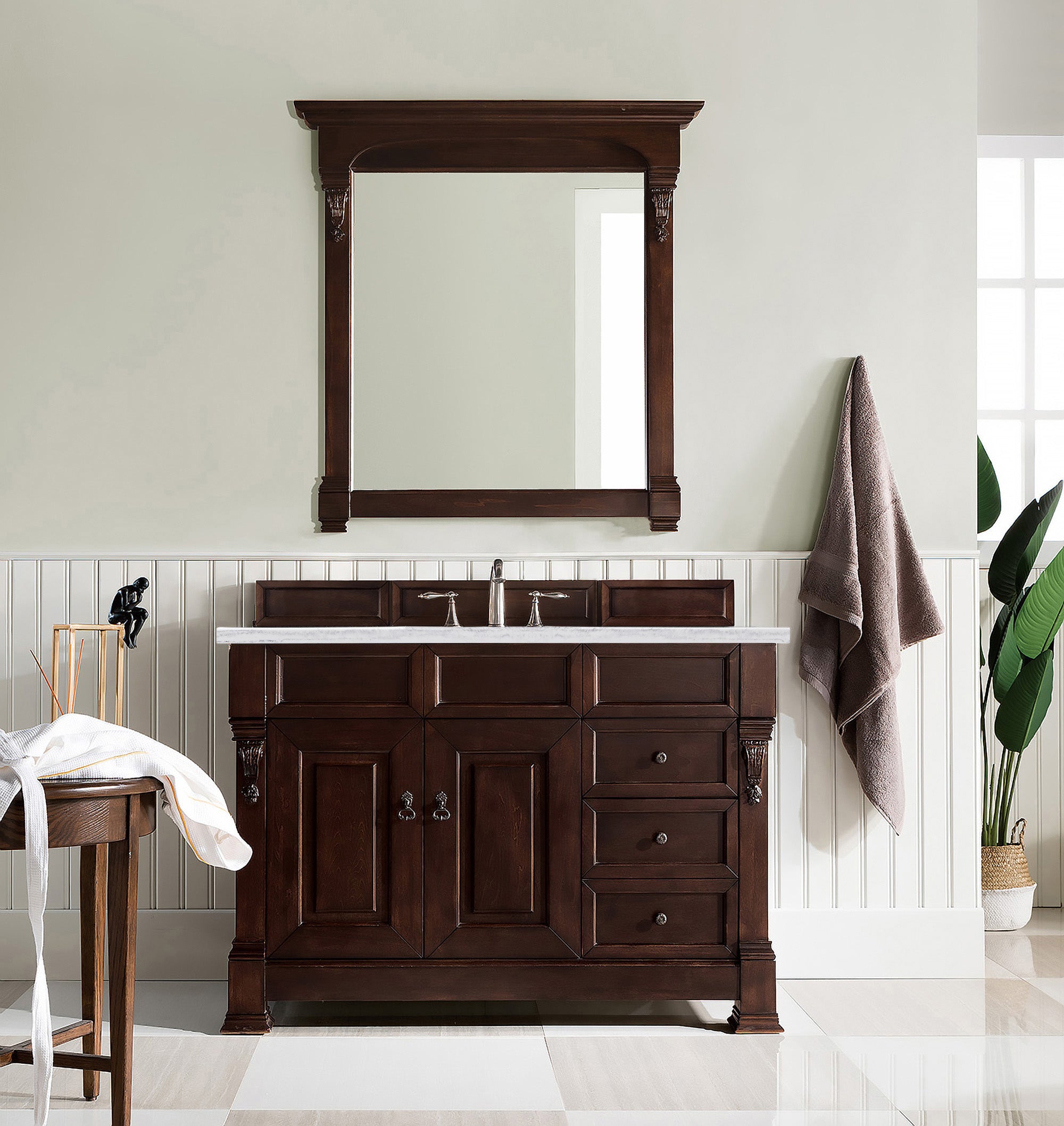 Brookfield 48 Inch Single Bathroom Vanity with Burnished Mahogany Finish & 3CM Arctic Fall Solid Surface Top - Perfect for Modern Home Bathroom Renovation