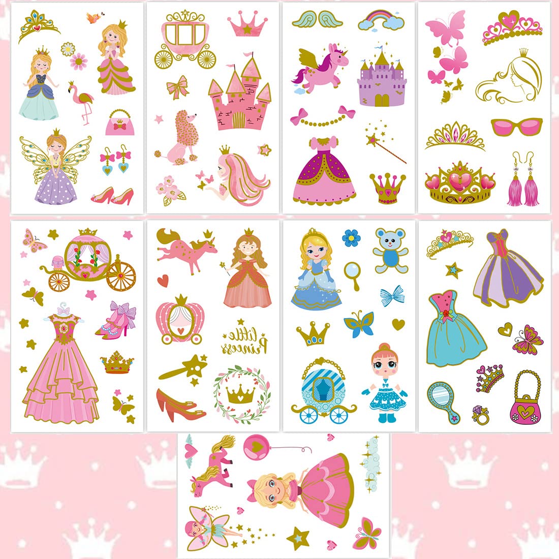 Glitter Princess Temporary Tattoos for Girls - 70 Gold Glitter Styles, Kids Birthday Party Favors, Princess Themed Party Decorations | Perfect for Birthday Parties, Dress-Up Play, and Special Events