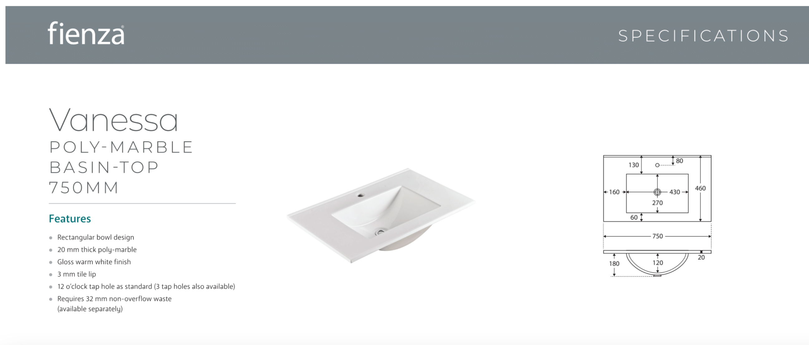 Fienza VAN75BXK Vanessa Amato 750 Industrial Vanity with Kickboard - Modern Bathroom Vanity for Industrial Style Homes & Commercial Spaces
