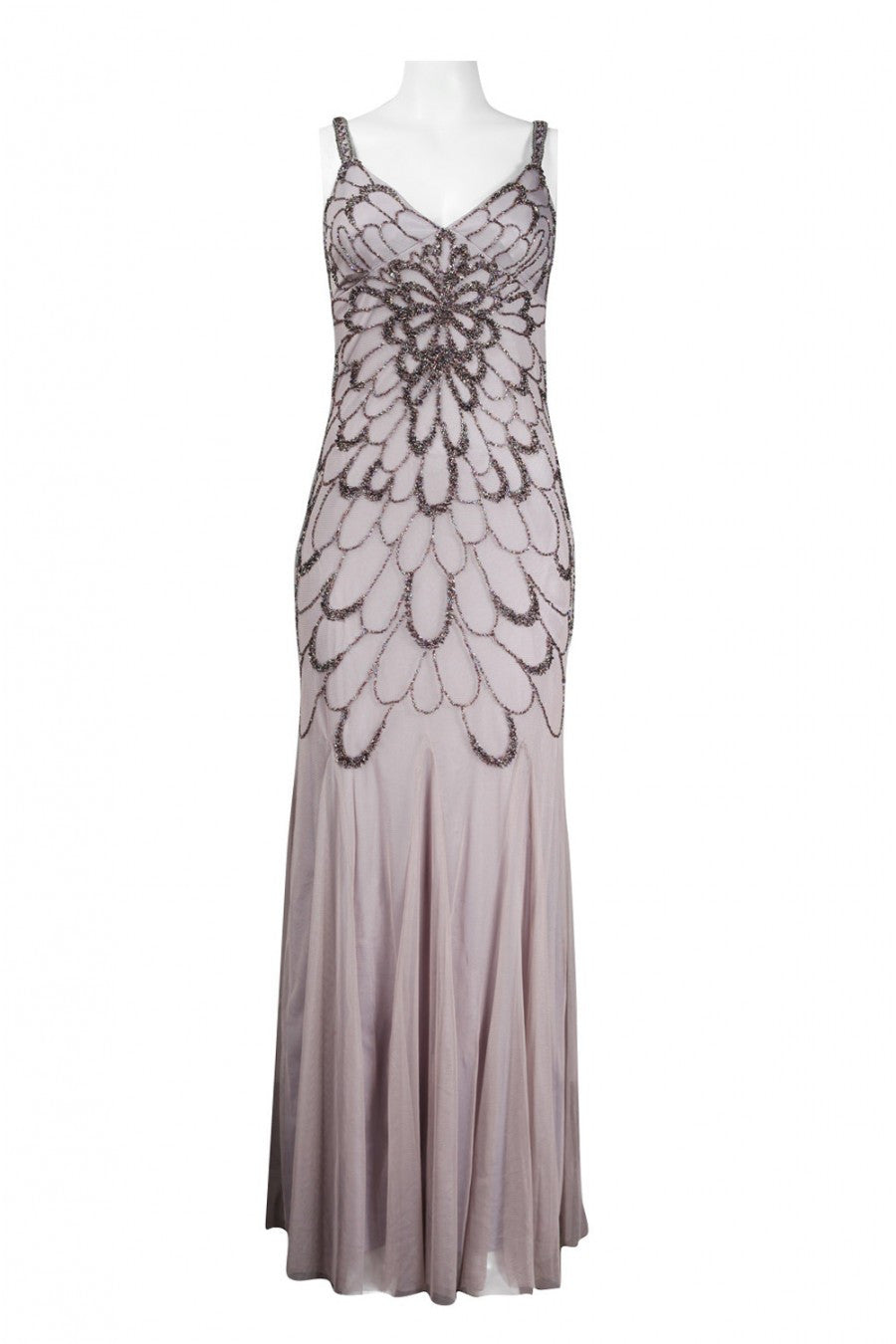 Adrianna Papell Beaded Backless Mesh Art Deco Evening Gown in Heather Grey - Perfect for Prom, Gala, and Formal Events