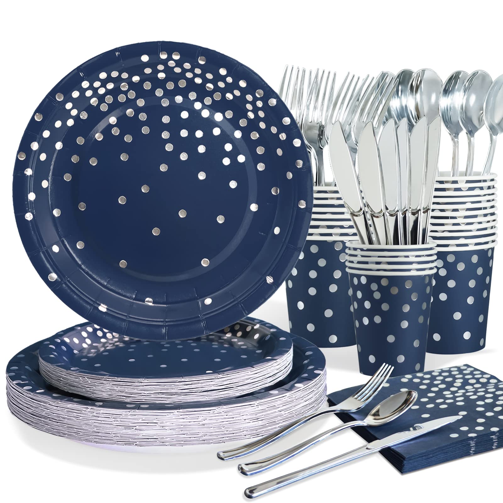 168-Piece Blue & Silver Party Decorations Set - Navy Blue Plates & Napkins for Birthday, Hanukkah & Holiday Celebrations | Perfect for Home Parties, Office Events & Festive Gatherings