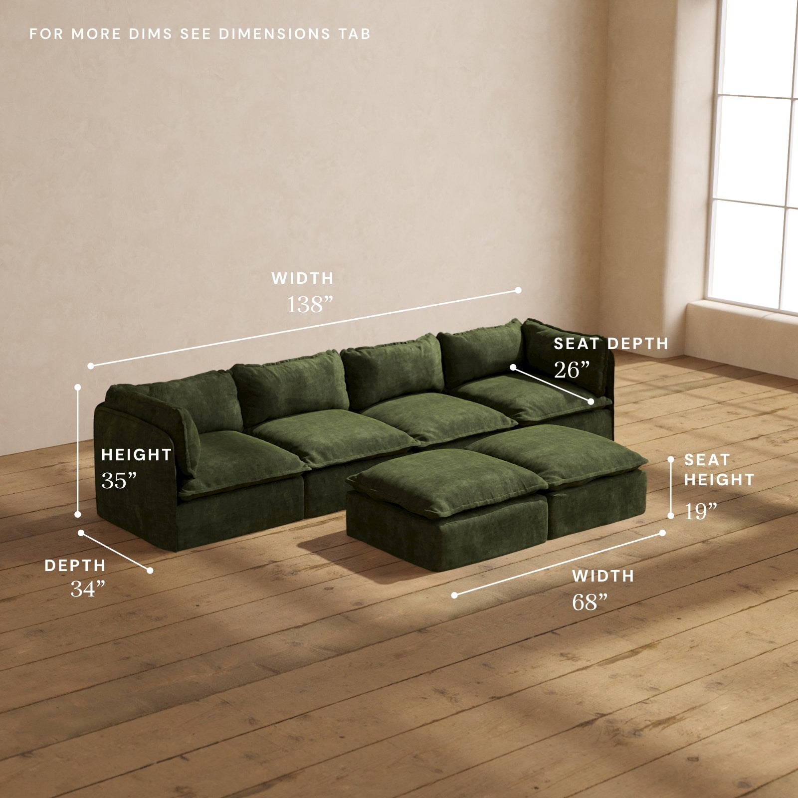 Modular Performance 4-Seater Sofa with Bench Ottoman in Olive | Premium Fabric Blend | Perfect for Living Rooms, Home Theaters & Open Concept Spaces