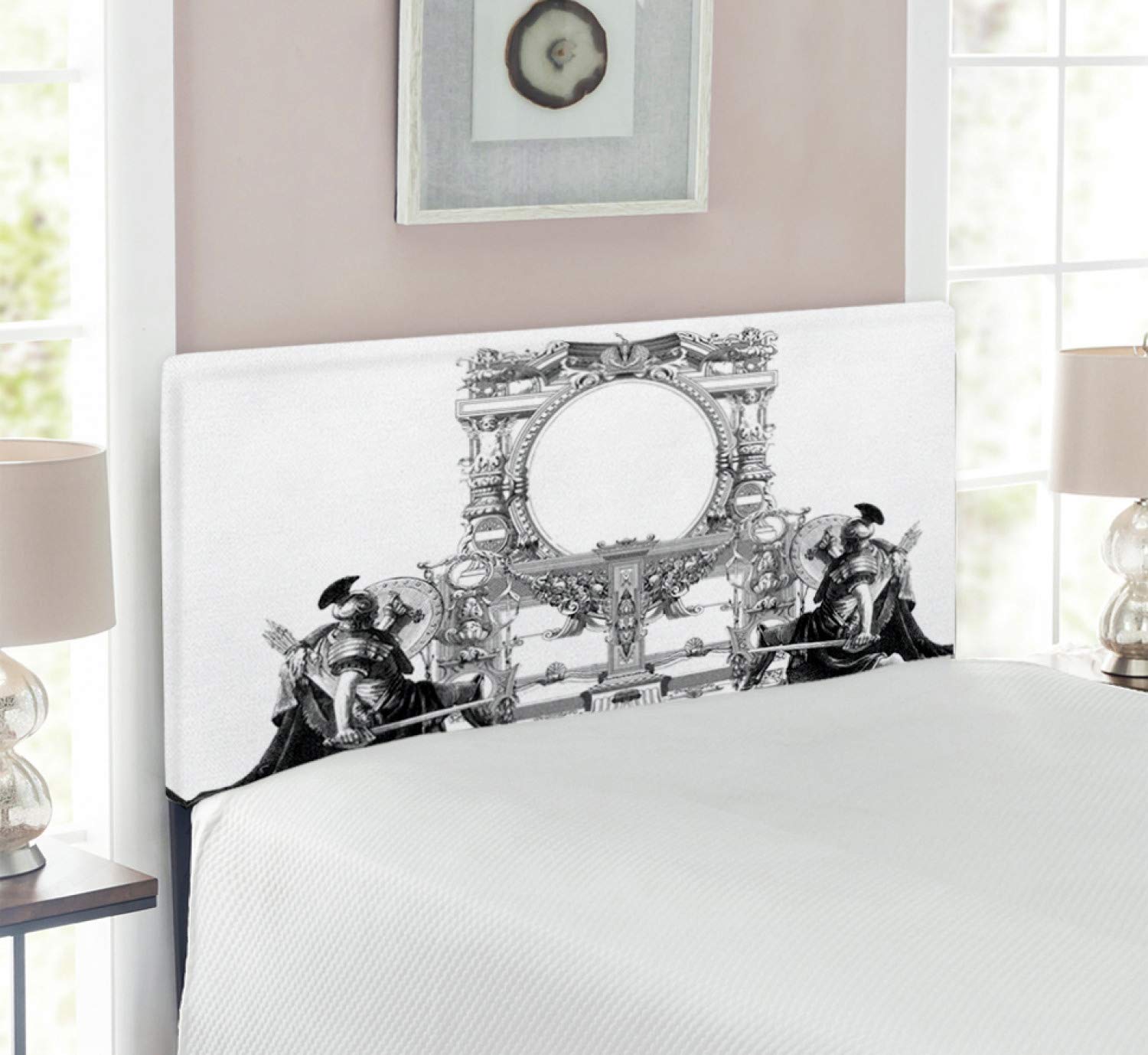 Ambesonne Victorian Upholstered Headboard - Twin Size Black & White Roman Gladiator Warrior Design with Memory Foam | Elegant Bedroom Decor for Master & Guest Rooms
