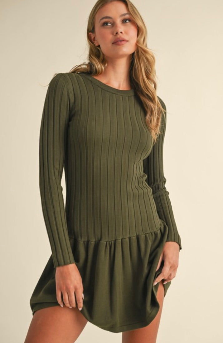 Olive Ribbed Long Sleeve Crewneck Drop Waist Flare Dress for Women | Elegant Fall Winter Outfit for Casual Wear, Office, Date Night & Special Occasions