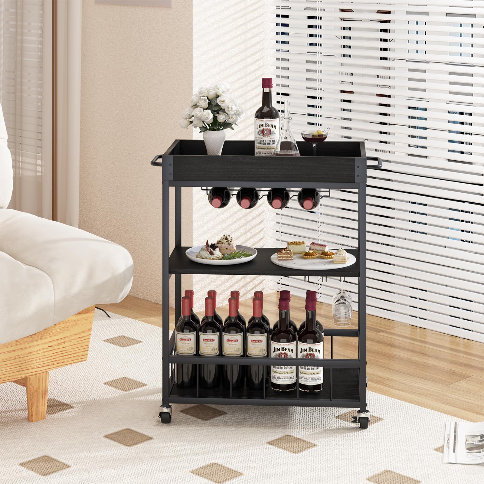 Vintage Style 3-Tier Bar Cart with Wheels - Mobile Serving Cart for Wine, Drinks & Kitchen - Wood & Metal Rolling Trolley for Living Room, Dining Room & Home Entertaining