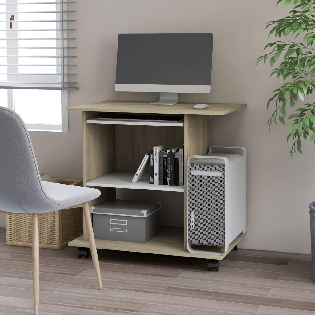 vidaXL Compact Computer Desk with Storage Shelves, Sliding Keyboard Tray & Wheels - White & Sonoma Oak Engineered Wood | Home Office, Small Space & Gaming Setup