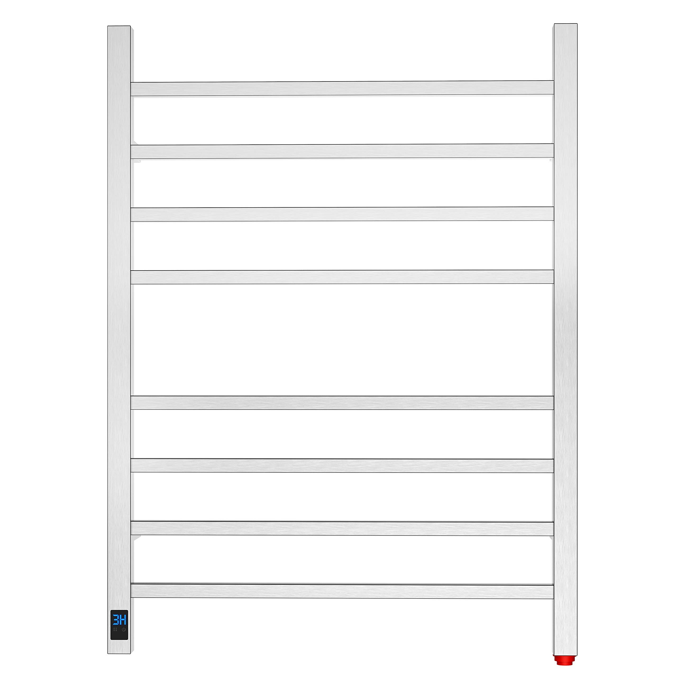 HEATGENE Electric Towel Warmer with Timer & Temperature Control - 8 Square Bar Wall Mounted Towel Rack for Bathroom, Plug-in or Hardwired Installation - Brushed Stainless Steel - Perfect for Spa, Luxury Hotels & Home Bathrooms