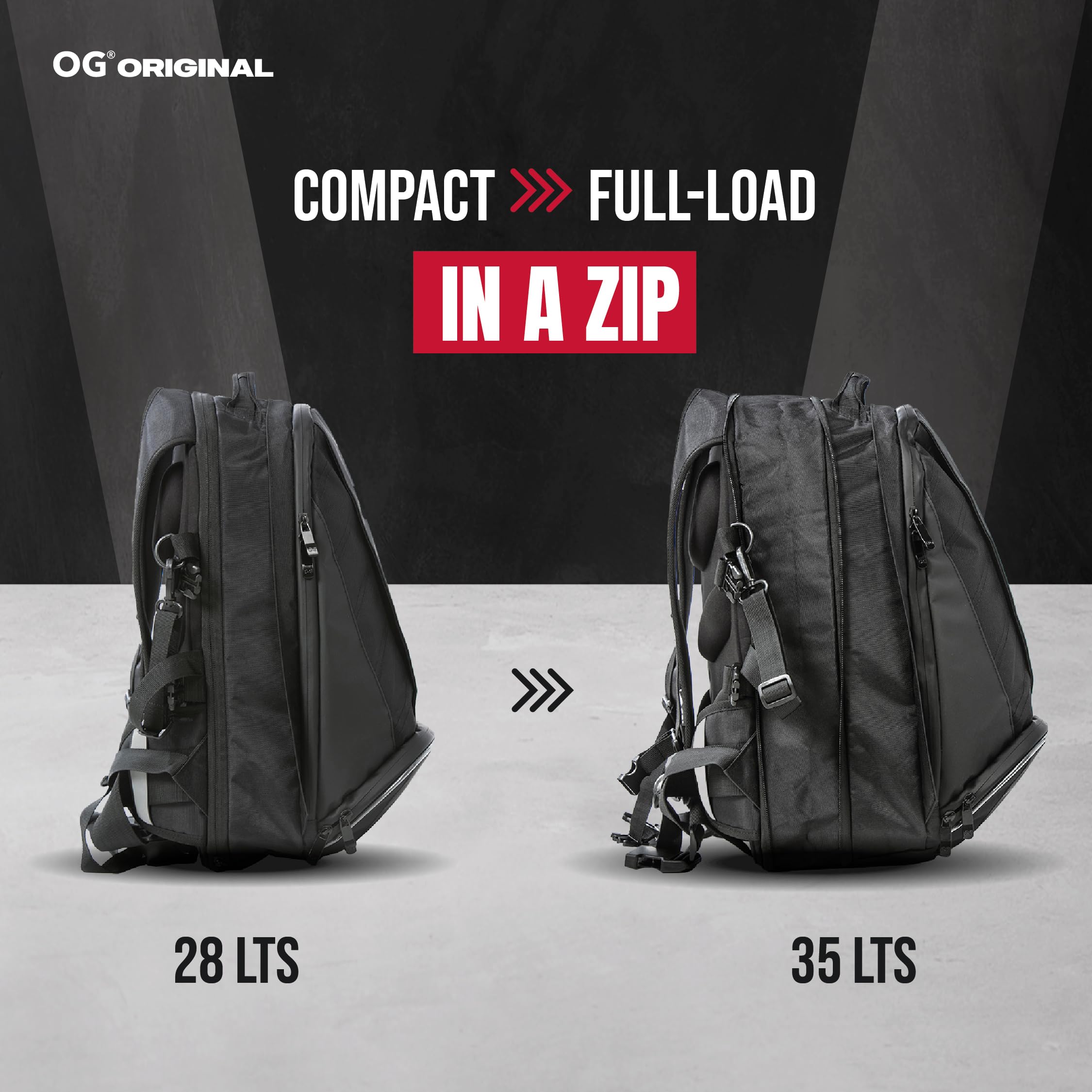 OG Original EZ-Rider PRO Motorcycle Backpack Black - Expandable 28-35L Waterproof Motorbike Helmet Bag with Laptop Pocket & Reflective White Logo - Perfect for Commuting, Travel & Adventure Riding
