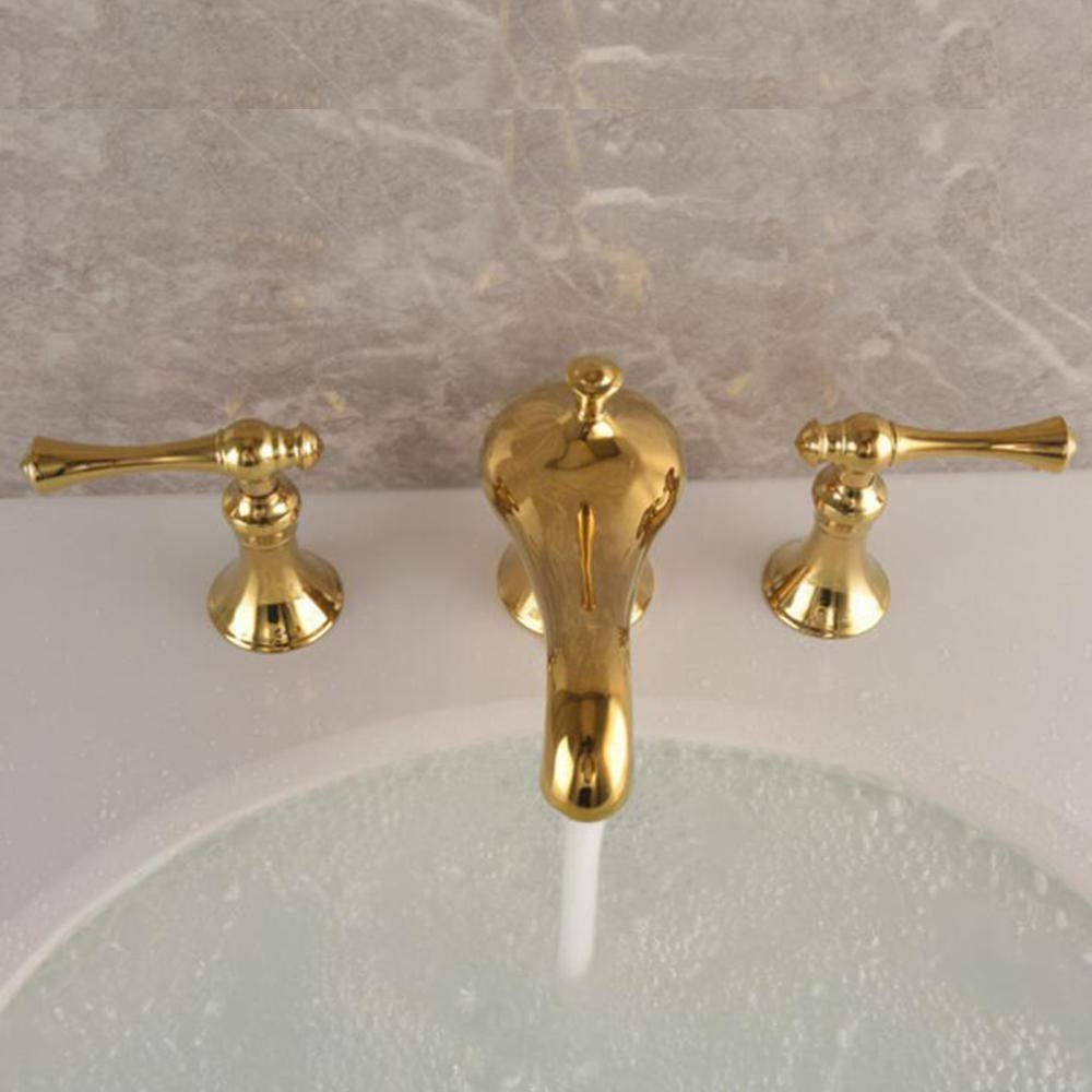 3 Hole Basin Mixer Tap - Golden Brass Hot & Cold Water Faucet with 2 Handles, Double Switches, Splash Prevention & Leak-Proof Design - Perfect for Bathroom Sink, Vanity, and Powder Room Installation