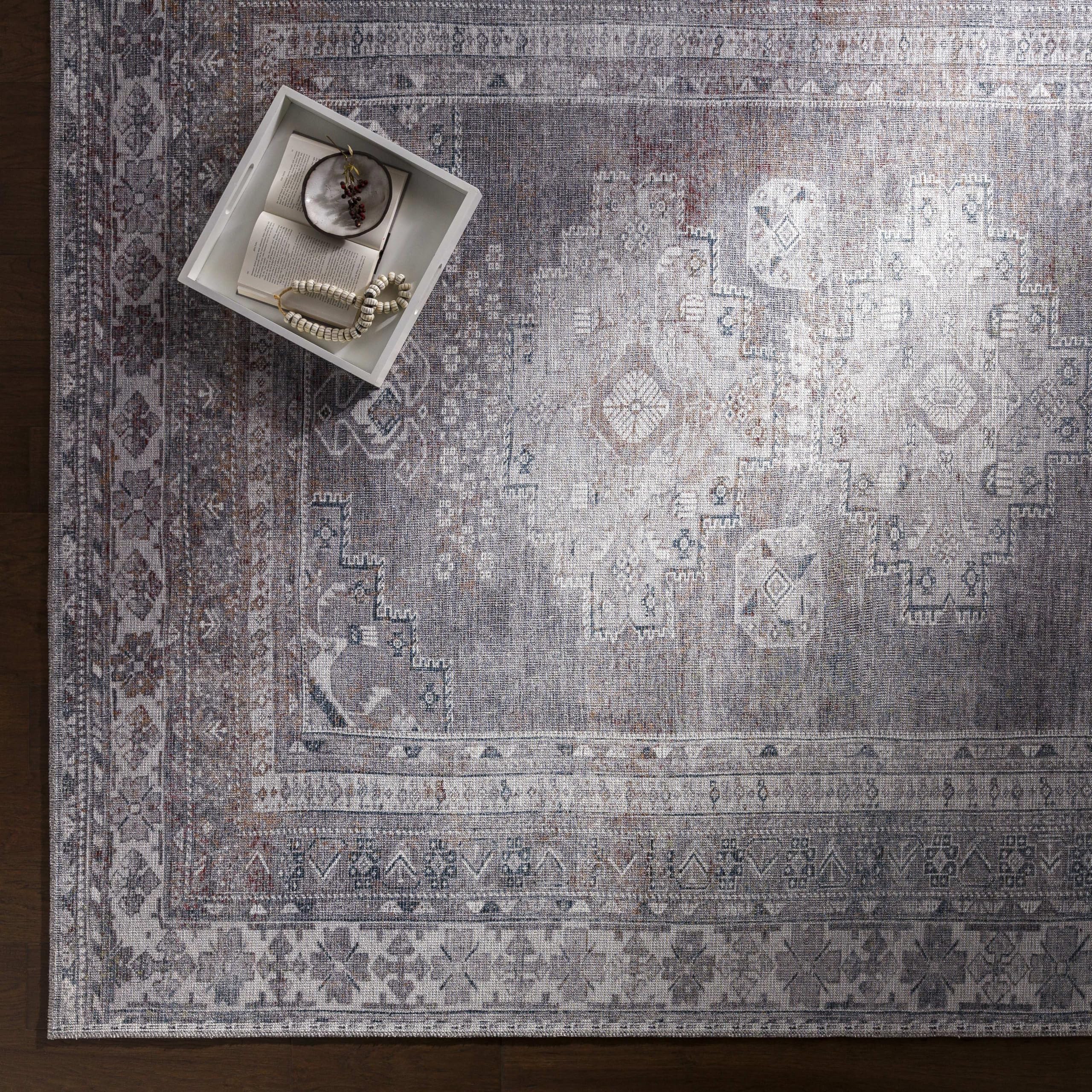 Mark&Day Washable Rugs 9x12 - McCordsville Traditional Slate Area Rug in Blue Grey | Machine Washable Living Room, Bedroom & Kitchen Carpet (9'3
