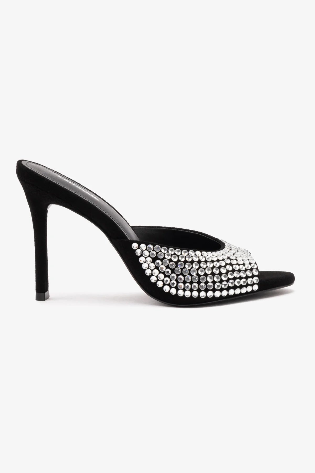 Black Suede Crystal Embellished Jasmine Hi Mule Sandals - Elegant Women's Dress Shoes for Weddings, Parties & Evening Events