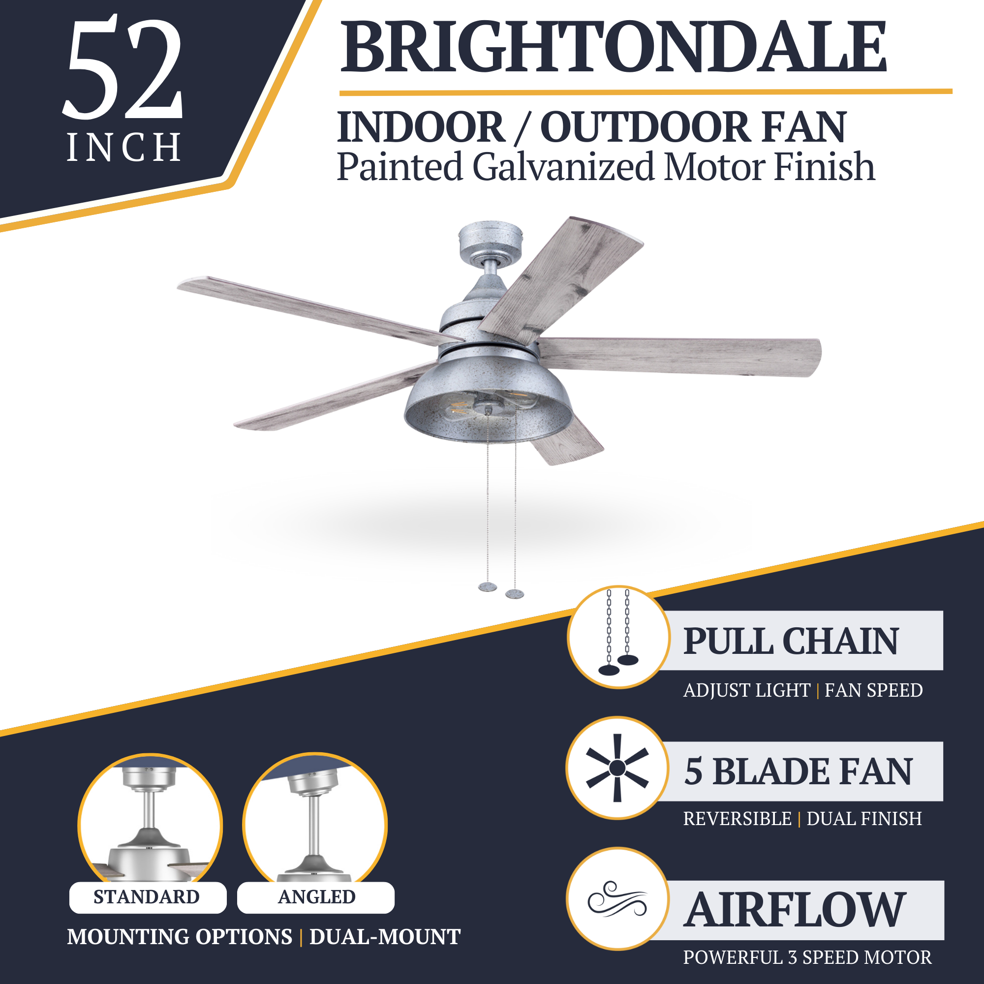 52 Inch Brightondale Galvanized Pull Chain Ceiling Fan - Indoor/Outdoor Use for Living Room, Bedroom, Patio & Covered Porch