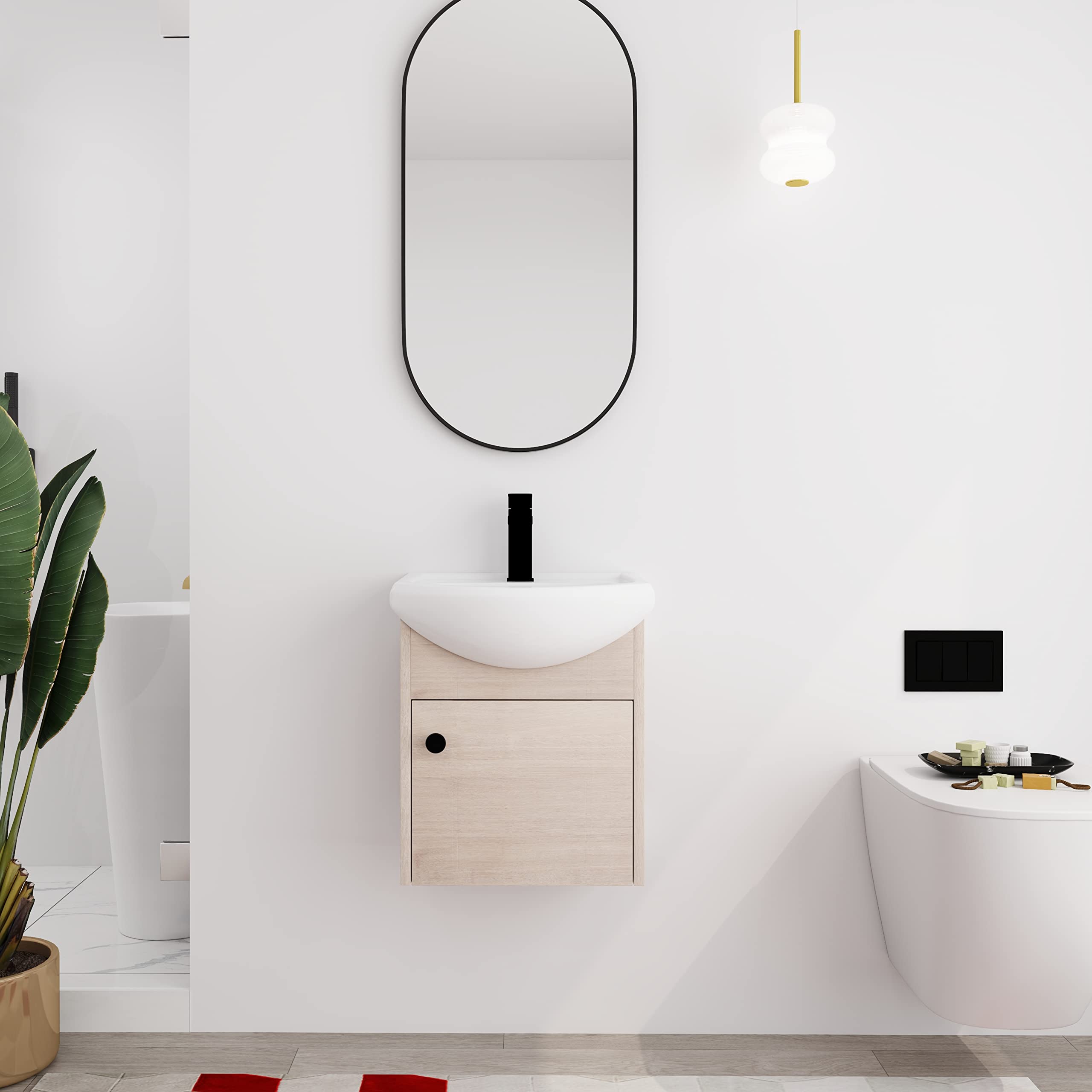 18 Inch Floating Bathroom Vanity with Sink - Wall Mounted Single Sink Vanity with Soft Close Door - Small Space Bathroom Vanity Set (Plain Light Oak, 18x14x20) - Perfect for Apartments, Powder Rooms & Modern Bathroom Designs