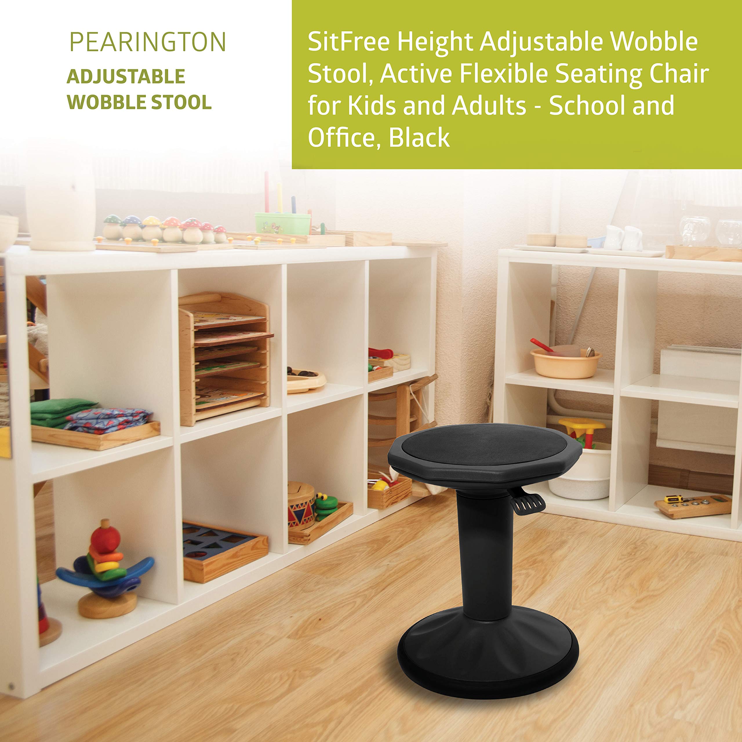 Pearington SitFree Height Adjustable Wobble Stool - Active Flexible Seating Chair for Kids & Adults - Ergonomic Office & Classroom Chair - Black - Perfect for Home Office, School & ADHD Focus