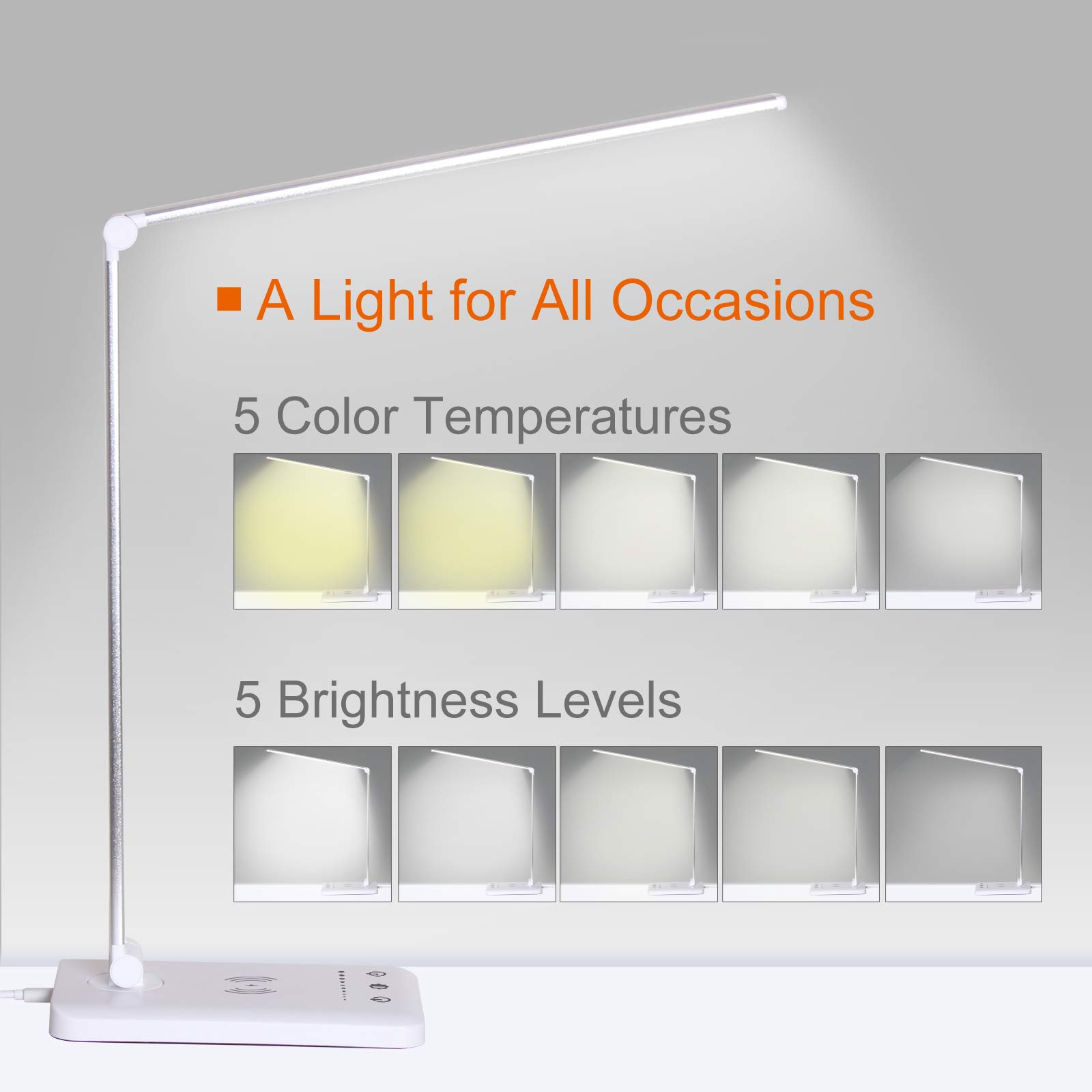 LED Desk Lamp with Wireless Charger & USB Port - Eye-Caring Stepless Dimmable Office Light - Touch Control, Memory & Timer Function - 25 Brightness Levels - Foldable Design for Home, Office & Study Use
