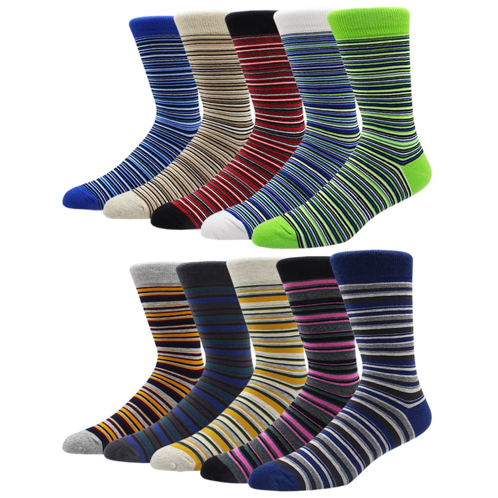 TOEJYJ Men's Dress Socks - Size 9-12, 10-13, 13-15, 9-11 - Colorful Striped Cotton Crew Calf Socks for Business, Office & Formal Occasions