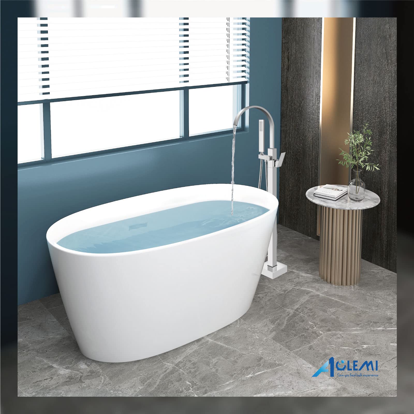 Aolemi Polished Chrome Freestanding Bathtub Faucet - Floor Mount Tub Filler with Handheld Shower Sprayer, Single Handle Waterfall Brass Tap for Modern Bathroom (Ideal for Spa, Luxury Bath & Home Renovation)