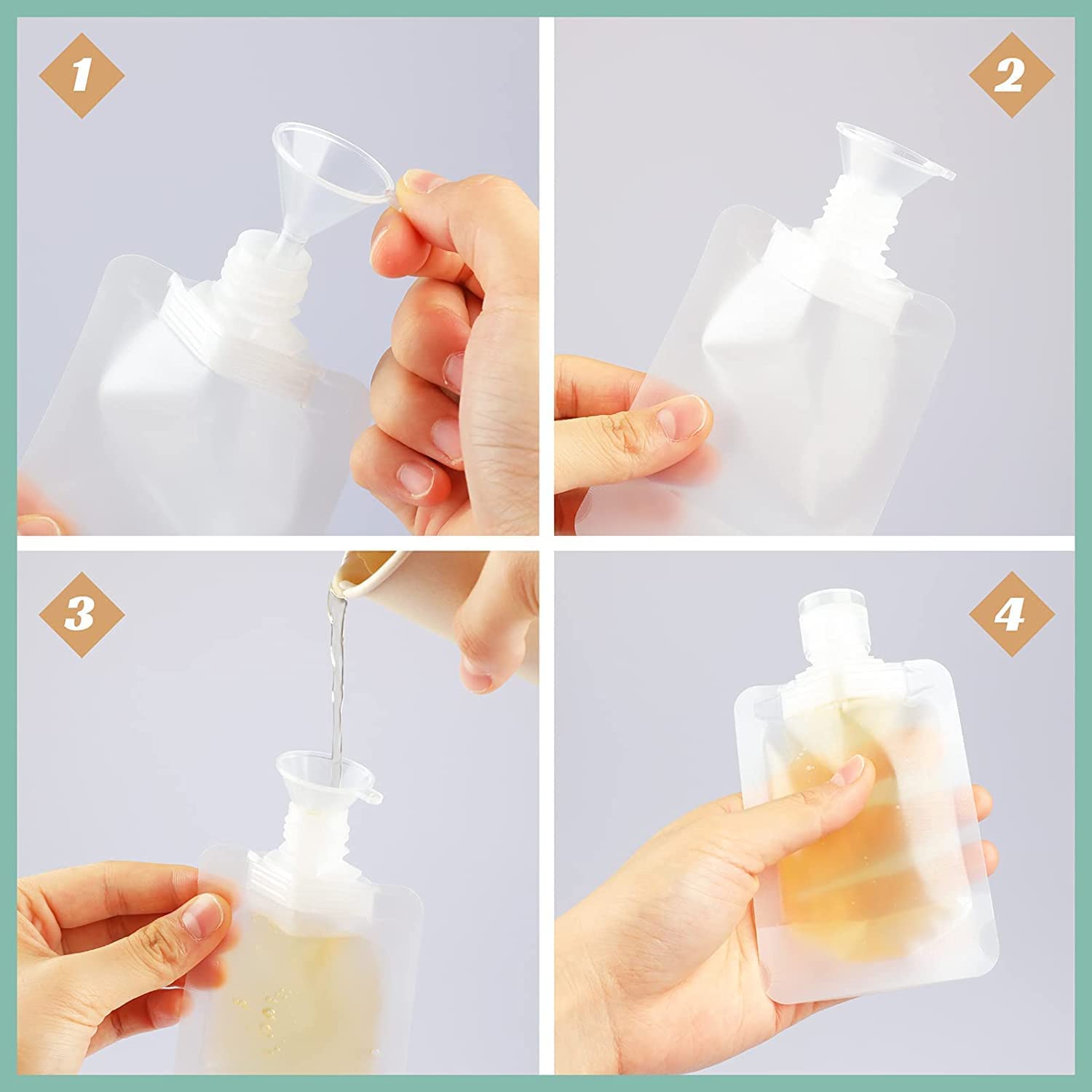 FELOFIX White Refillable Travel-Size Squeeze Pouch - Leakproof Stand Up Cosmetic Containers for Toiletries, Lotion, Shampoo & Shower Gel (30ml/50ml/100ml) - Perfect for Air Travel, Gym Bag & Camping Essentials