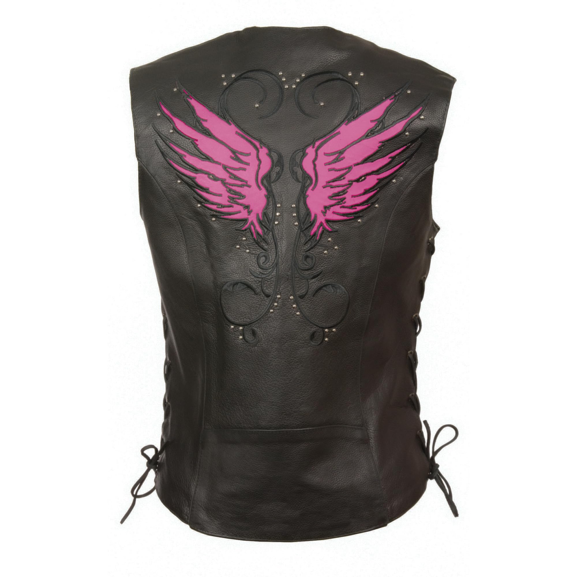 Milwaukee MLL4505 Black Women's Leather Vest with Stud & Wings Detailing - Stylish Biker Jacket for Motorcycle Riding, Night Out & Fashion