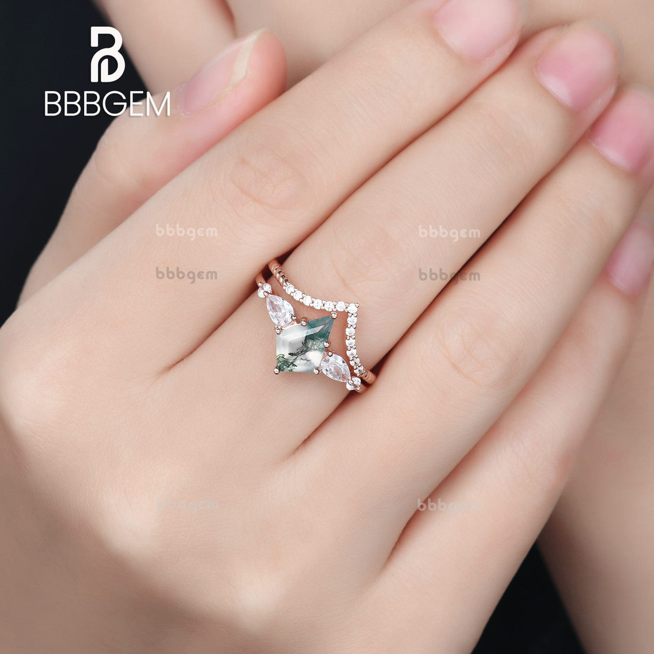 Women's Geometric Green Moss Agate Ring Set - Kite Lozenge White Gold Plated Jewelry for Wedding, Anniversary & Special Occasions