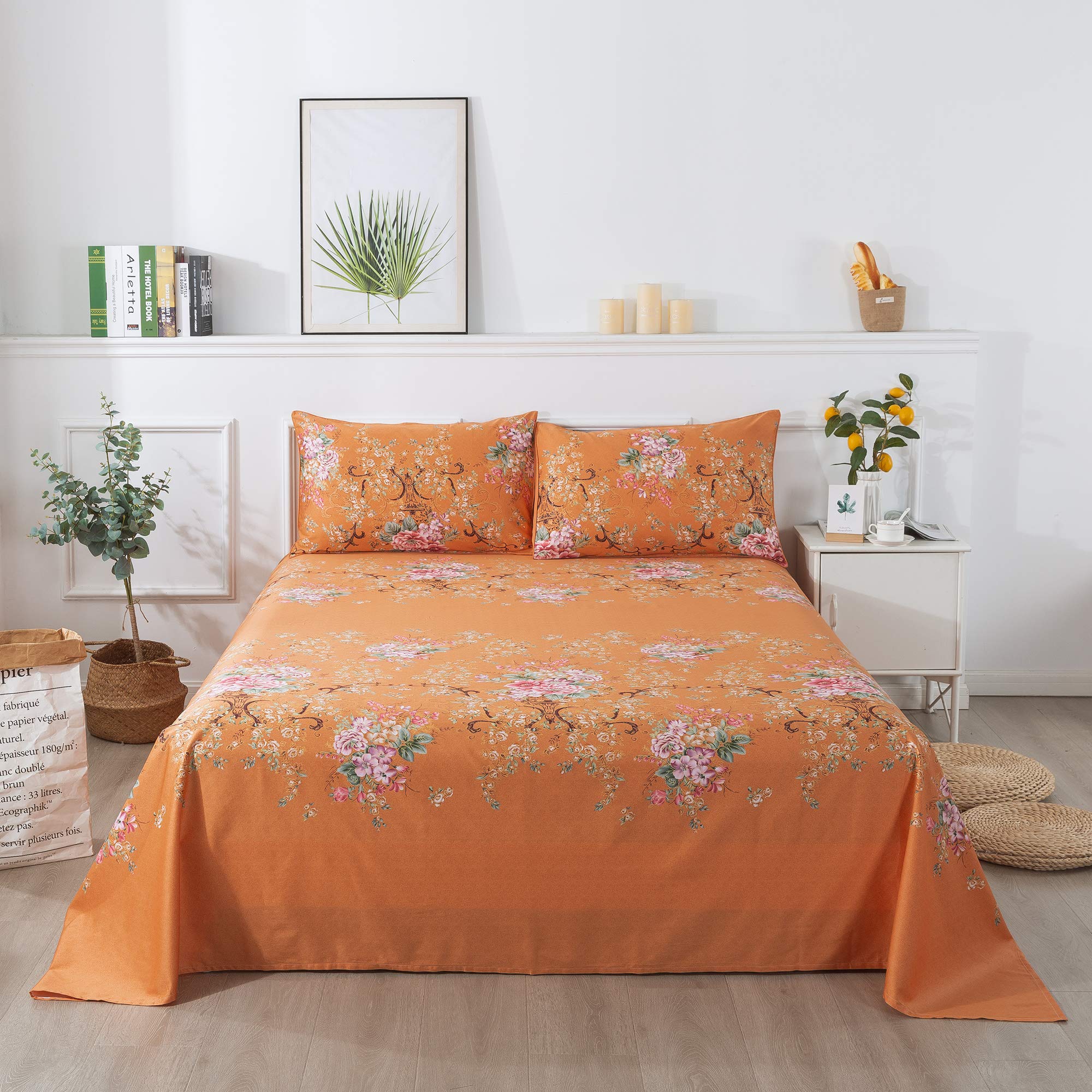 Softta Vintage Coral Orange 4-Piece Deep Pocket Bed Sheet Set - 100% Egyptian Cotton Boho Floral Bedding with Baroque Leaves Pattern - Cal King Size - Perfect for Bohemian Bedroom Decor & Guest Room Luxury Linens