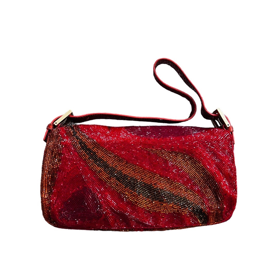 Luxury Fendi Red Beaded Baguette Bag with Crystal Charms - Perfect for Evening Parties, Weddings & Special Occasions