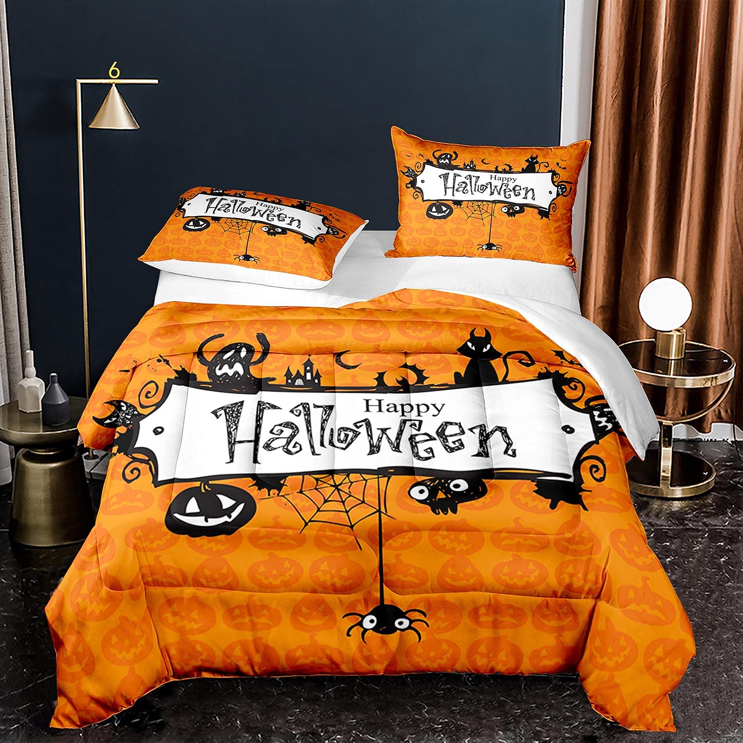 Happy Halloween King Size Comforter Set - Pumpkin Ghost Orange Lightweight Bedding (1 Comforter + 2 Pillow Shams) | Spooky Seasonal Decor for Bedroom, Dorm, or Halloween Party