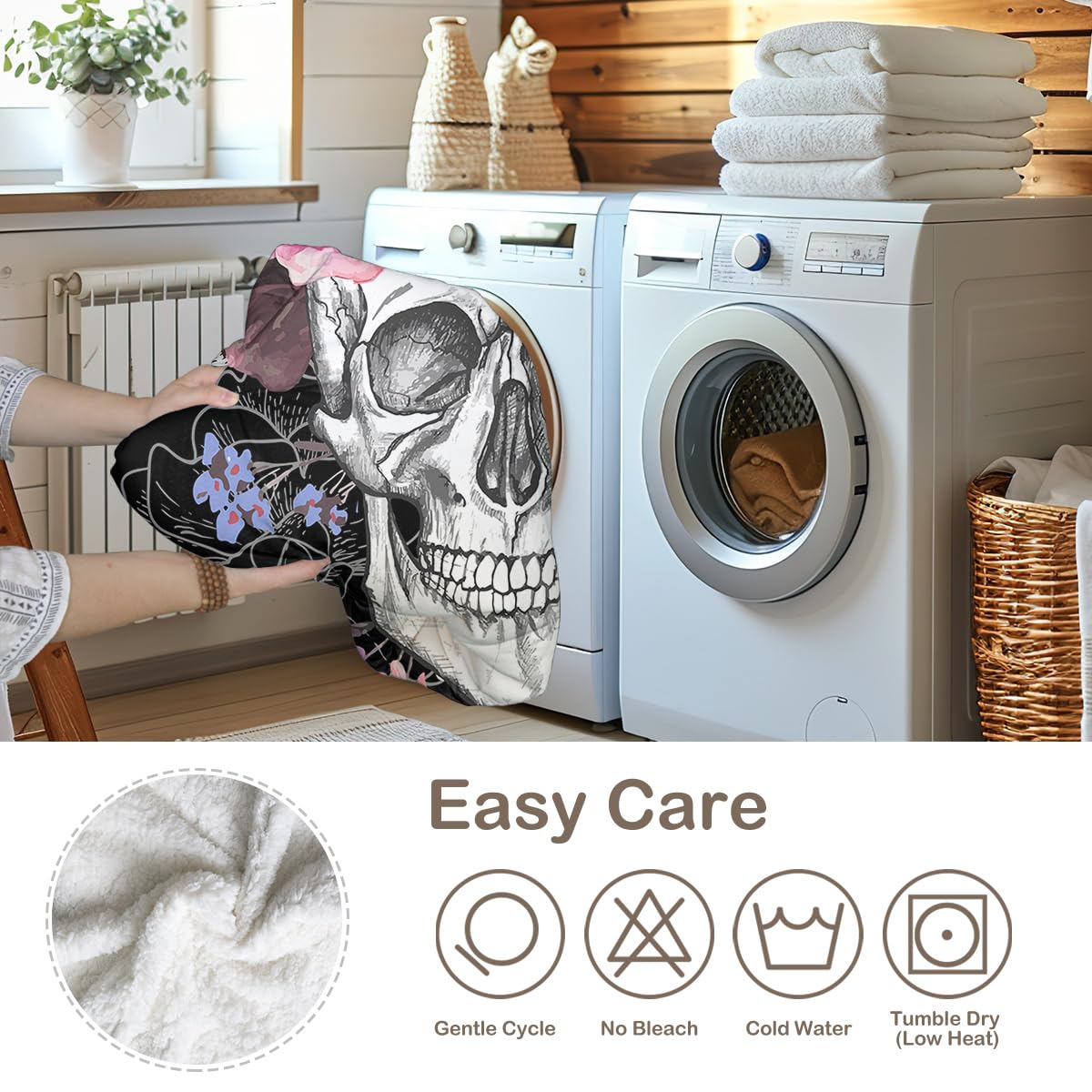 Sleepwish Fleece Throw Blanket - Skull Rose Sherpa Blanket for Women & Girls, Soft Fuzzy Black Pink Flower Blanket for Couch, Bed, Chair - Queen Size 90