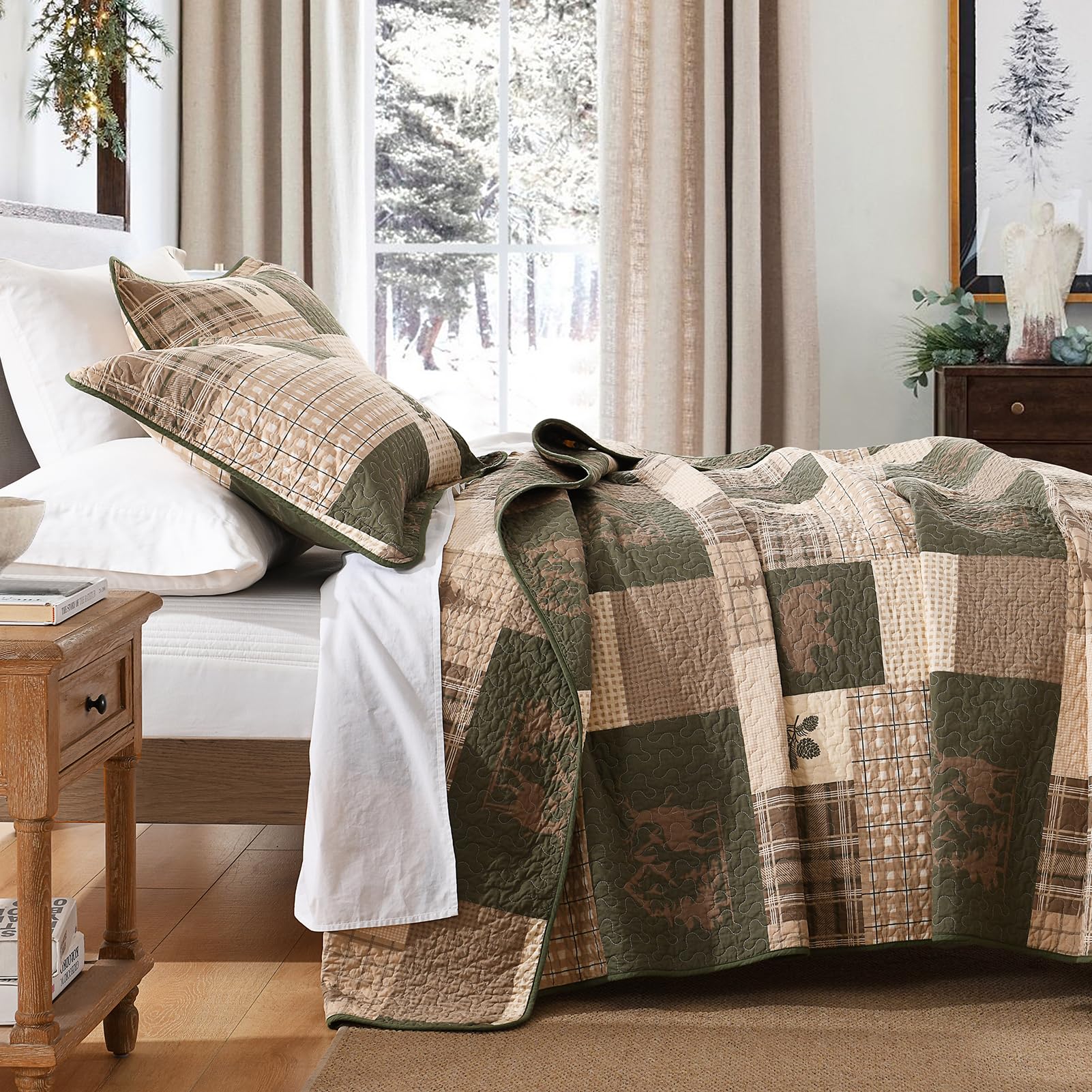 SahSahCasa 100% Cotton Queen Size Quilt Set - Reversible Farmhouse Rustic Lodge Bedspread, Lightweight Comforter for Queen Bed (3-Piece, Beige/Grayish Green/Brown) - Perfect for Cabin, Bedroom & Cozy Farmhouse Decor