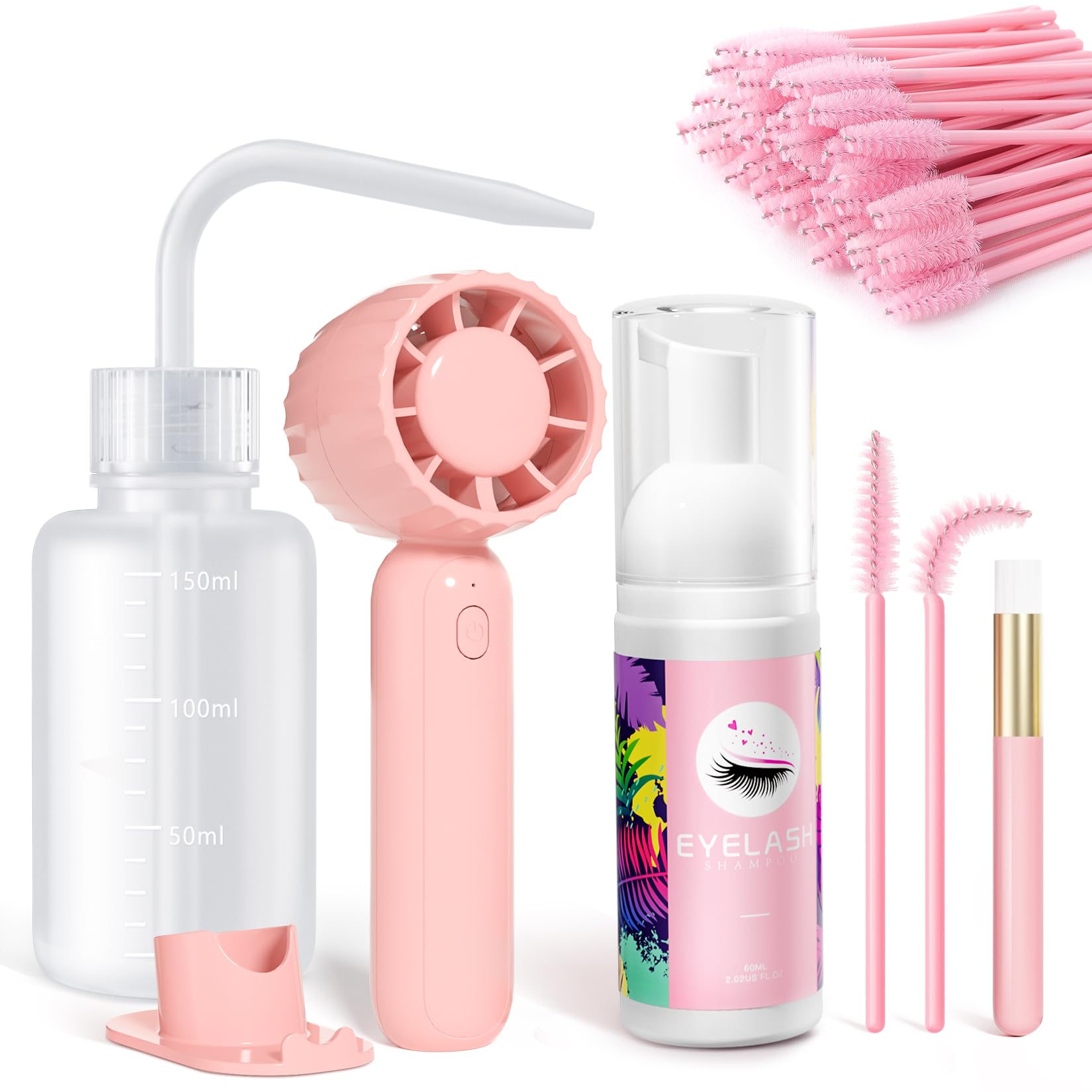 Buqikma Lash Cleaning Kit - 60ML Eyelash Extension Cleanser with Rechargeable Handheld Fan, Mascara Brush & Foam Cleanser | Gentle Lash Shampoo for Extension Care & Makeup Removal | Perfect for Salon Professionals & Home Use