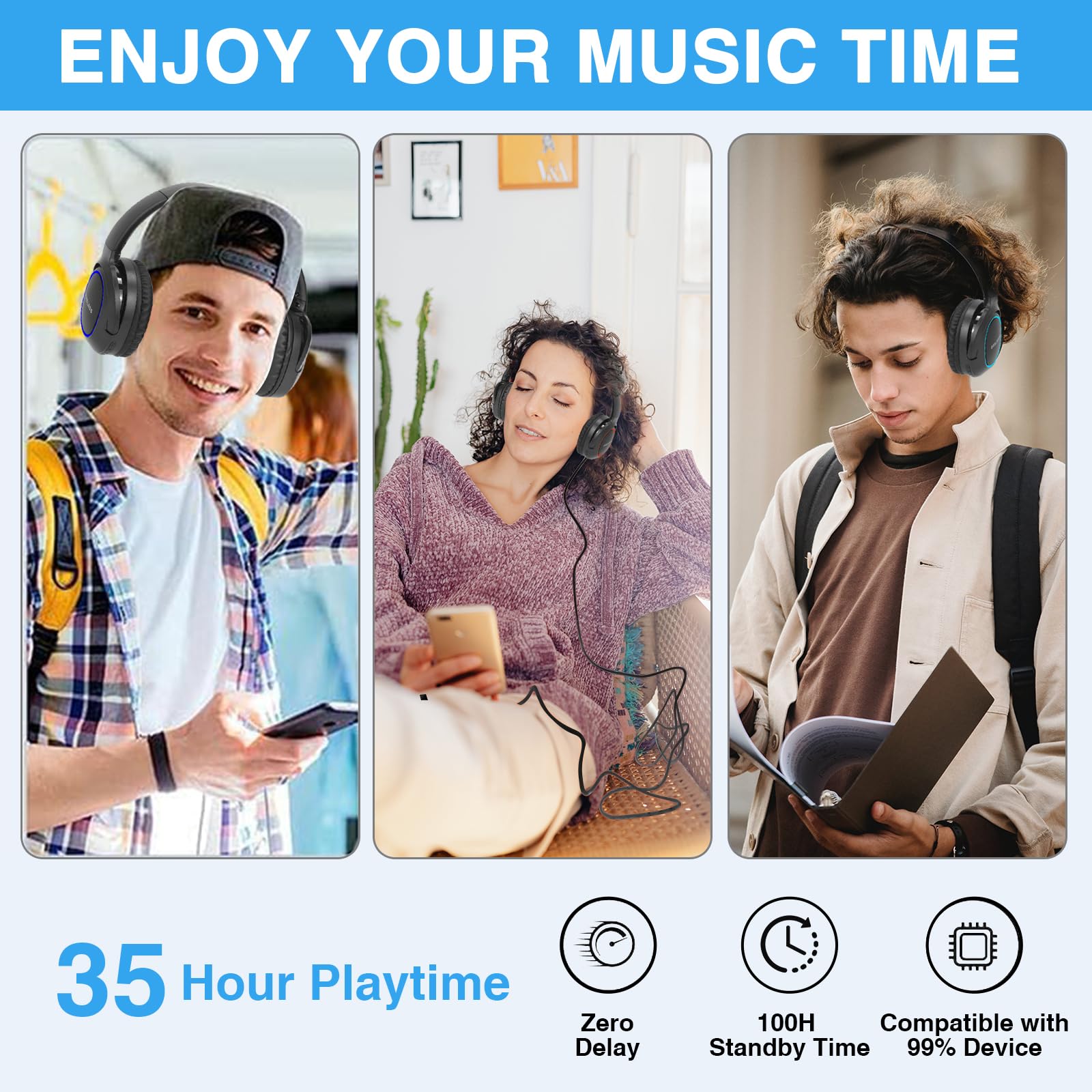 Wireless Bluetooth Over-Ear Headphones with Microphone - 35H Playtime, HiFi Stereo Sound, Foldable & Lightweight Design, Deep Bass for Home, Office, PC & Mobile - Ivory White | Perfect for Work, Travel & Music Lovers