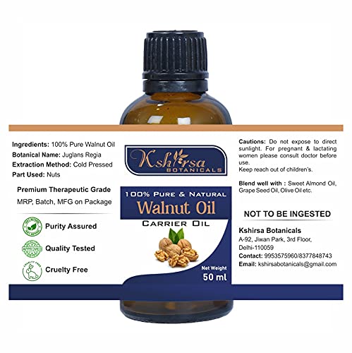 Kshirsa Botanicals 100% Pure Cold Pressed Walnut Oil - Natural & Therapeutic Grade Carrier Oil for Aromatherapy, Hair Care & Skin Care (50ml) - Perfect for Massage, DIY Beauty Recipes & Holistic Wellness