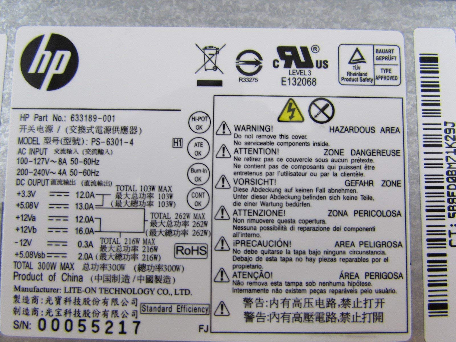 HP 633189-001 300W ATX Power Supply for Desktop Workstations - Lite-On PS-6301-4 PSU (Renewed) - Perfect for Office Computers, Gaming Rigs & Home PC Upgrades