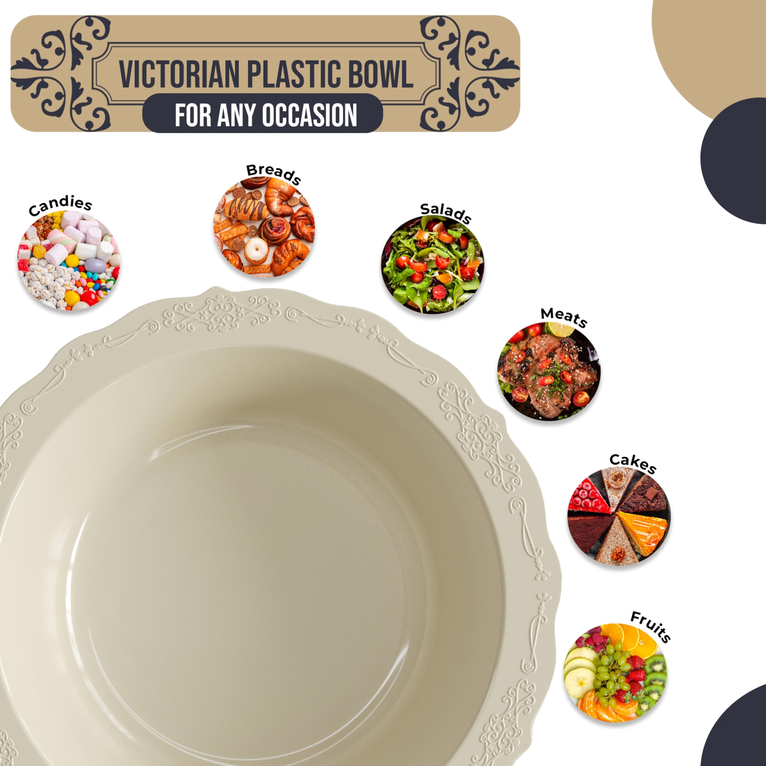 Elegant Victorian-Style Disposable Cream Bowls - 60 Pack (12 oz Each) | Premium Plastic Party Bowls for Weddings, Bridal Showers & Elegant Events - Perfect for Desserts, Salads & Party Catering