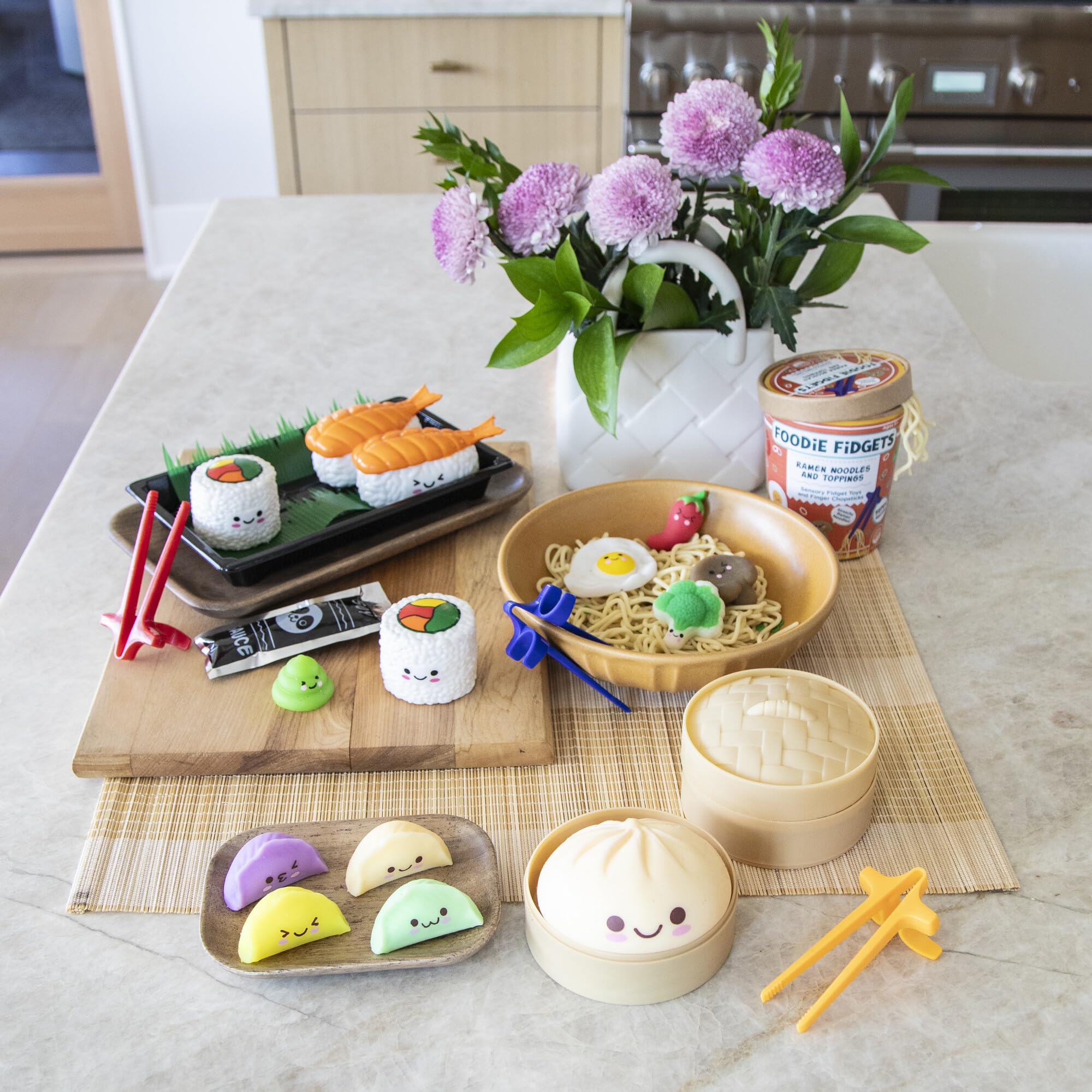 MindWare Foodie Fidgets Set - 3 Pack Squishy Sensory Toys (Ramen Noodles, Bao Bun, Dumplings & Sushi Tray) for Stress Relief - Fun Fidget Toys for Kids & Adults - Perfect for Anxiety Relief, Office Desk & Classroom Focus