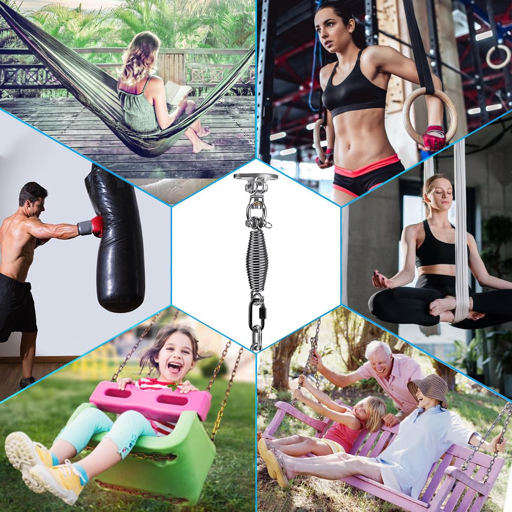 SELEWARE Heavy Duty Hammock Chair Hanging Kit - Stainless Steel Swing Hanger with Bearing, Spring & Chain - Indoor/Outdoor Ceiling Mount for Swing Chairs, Hammocks & Punching Bags - Perfect for Porch, Patio, Backyard & Home Gym Use