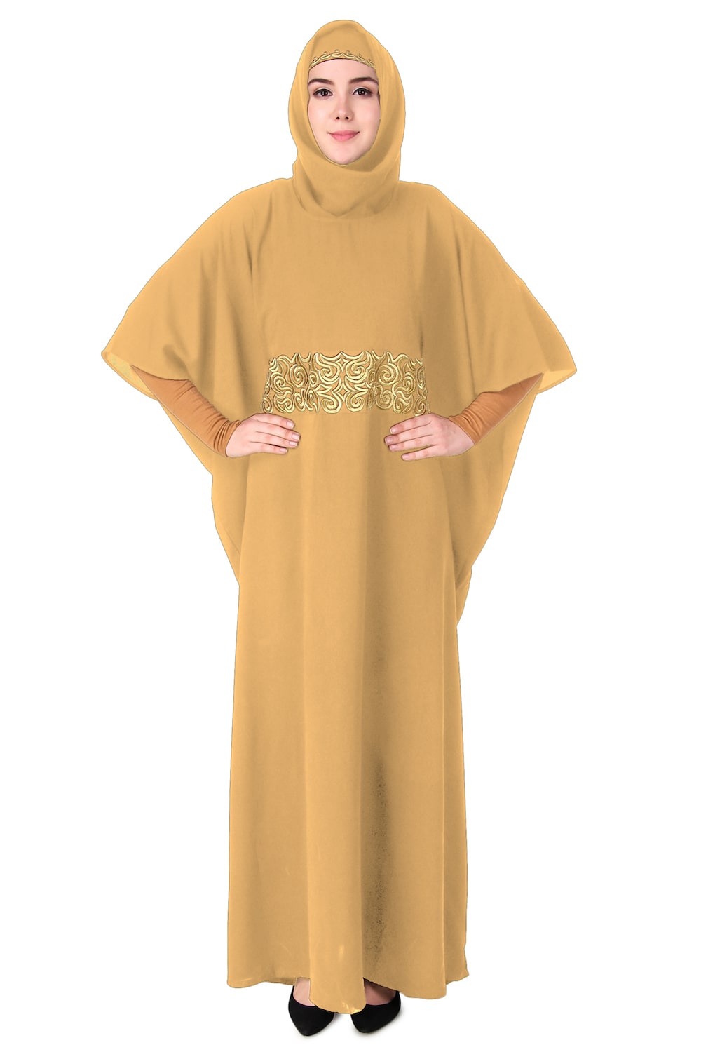 Handmade Gold Embroidered Waist Accent Kaftan Dress - Elegant Beach Cover Up & Boho Chic Homewear for Women