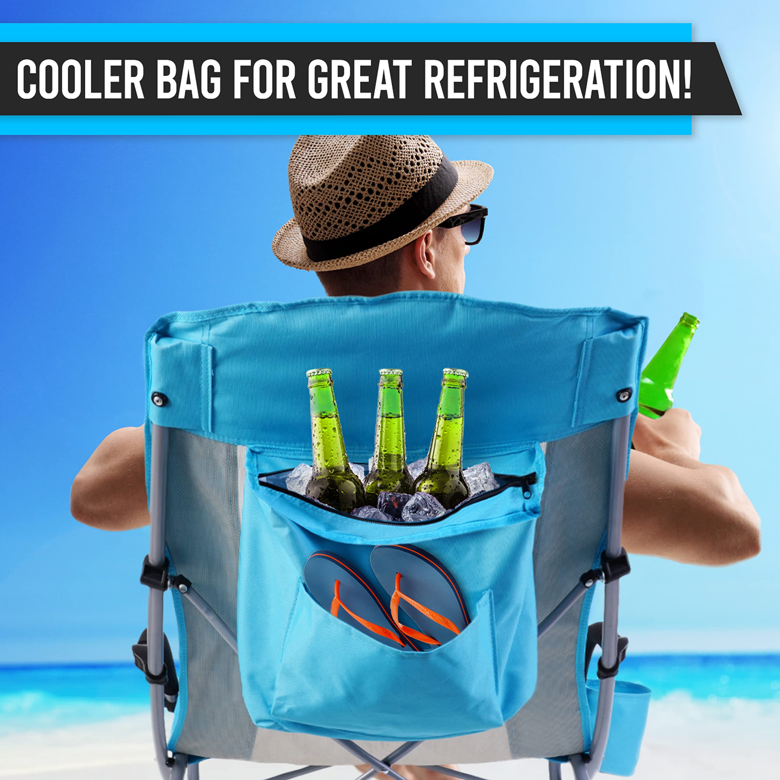 2 Pack Low Beach Chair & High Back Cooler Chair Set - Portable Folding Chairs for Beach, Pool, Camping, Picnics & Outdoor Relaxation
