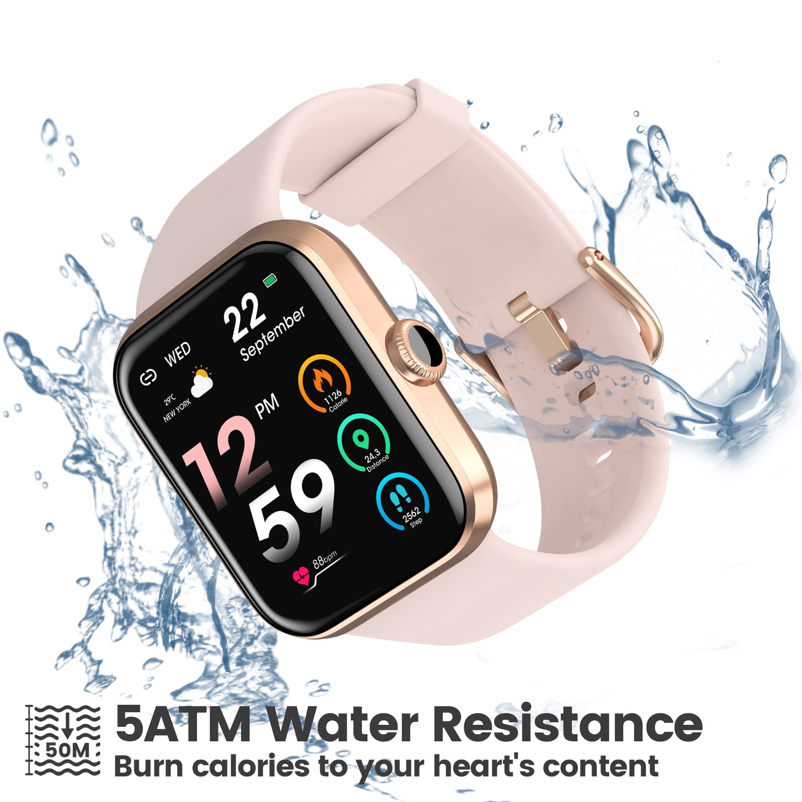 2022 Newest Smart Watch for Women - Touchscreen Fitness Tracker with Heart Rate, Blood Oxygen & Sleep Monitor, 5ATM Waterproof, Compatible with Android & iPhone (Pink) - Perfect for Workouts, Swimming & Daily Activity Tracking