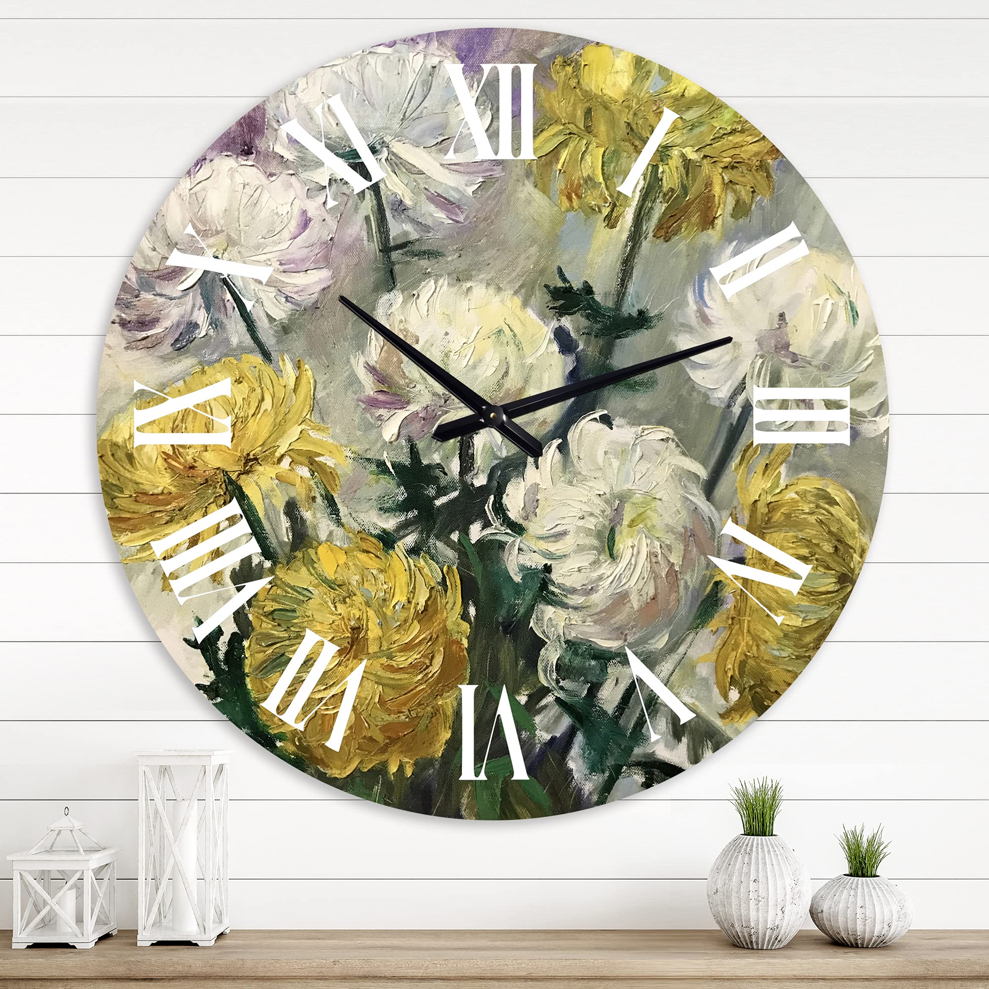 White and Golden Daisies Large Wall Clock - Traditional Floral Botanical Decor for Living Room, Bedroom, Office | Silent Non-Ticking Modern Home Décor