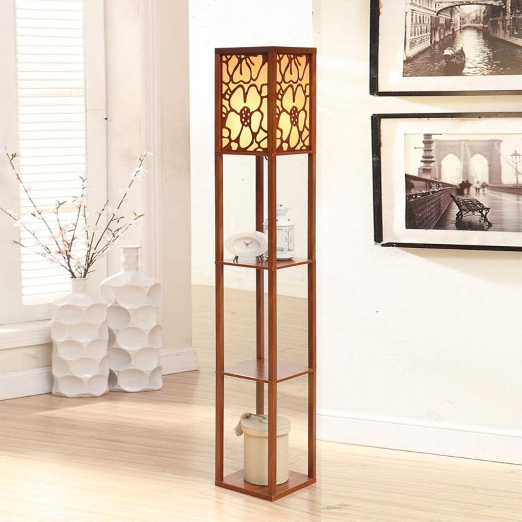 Modern Bedside Floor Lamp with Shelves - Chinese Country Style Wooden Sofa Lamp for Living Room & Bedroom (Walnut Finish, No Remote) - Perfect for Reading Nook, Coffee Table Lighting and Home Decor