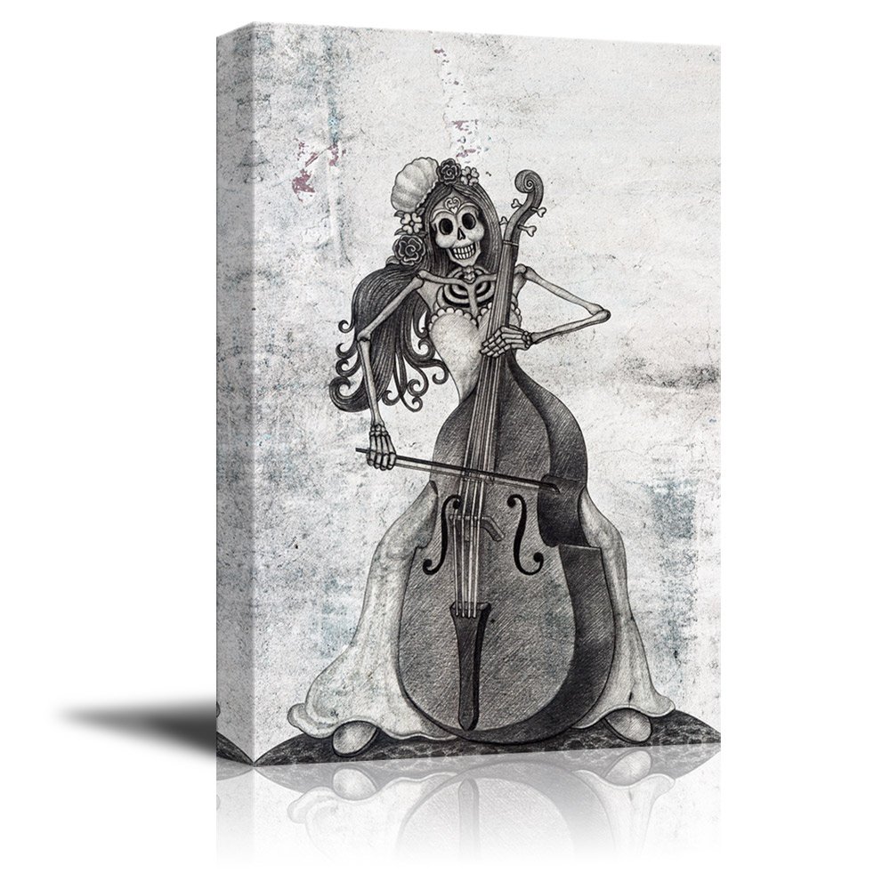 Skull Girl Playing Musical Instrument Canvas Print Wall Art - Modern Gallery Wrap Home Decor - 32x48 Inches - Ready to Hang | Perfect for Living Room, Bedroom & Office Decor