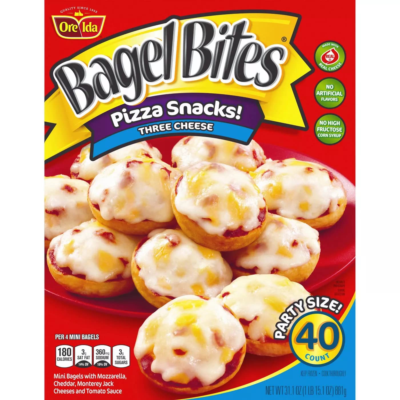 Bagel Bites Three Cheese Frozen Pizza Snacks - Mozzarella, Cheddar & Monterey Jack Cheese (3-Pack, 31.1oz/40ct, Total 120 Bites) | Party Size, Ready to Bake | Supports Donate A Meal Program | Perfect for Game Nights, Kids' Snacks & Quick Meals
